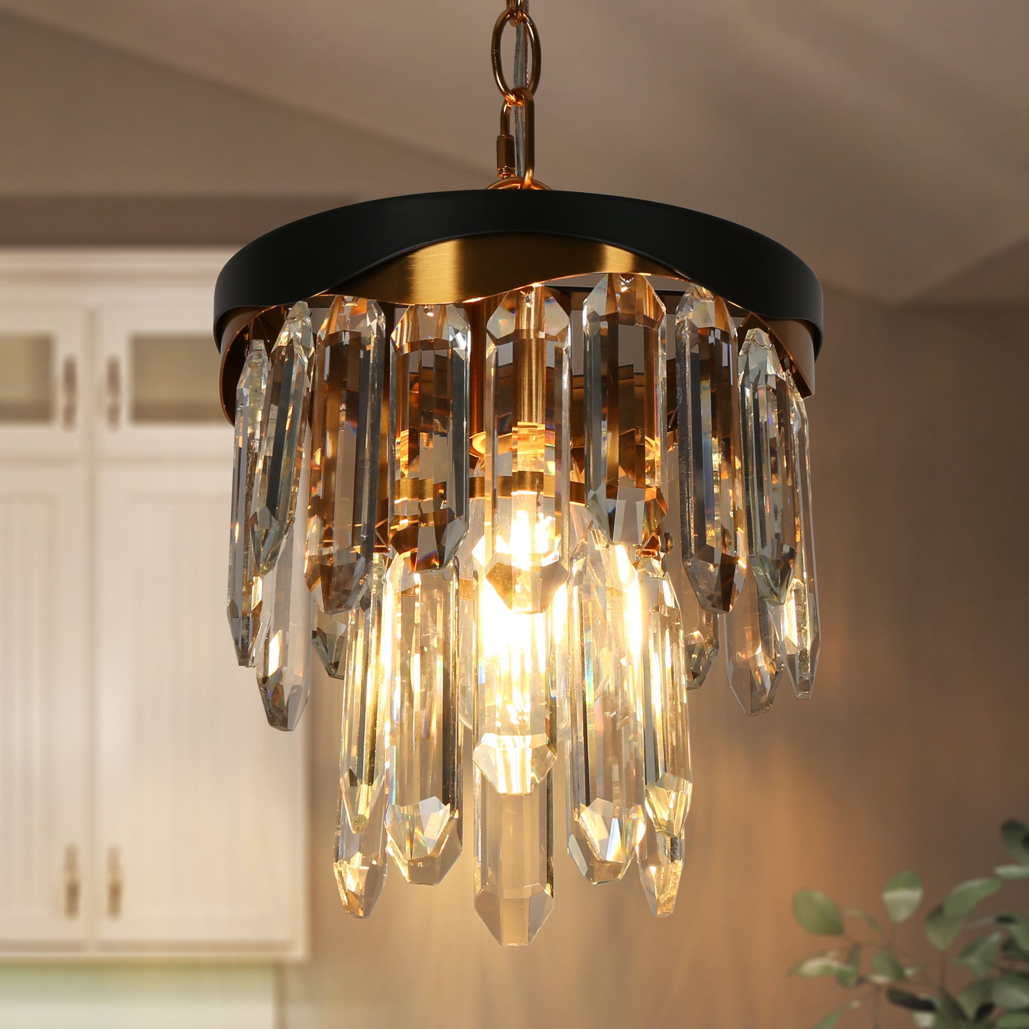 Mini Matte Black and Gold Crystal Drum Pendant Light