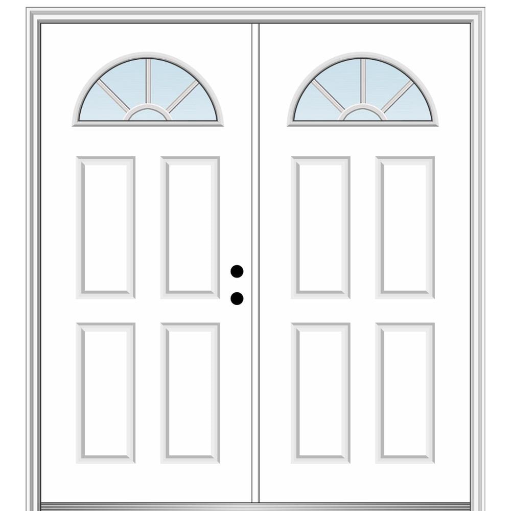 MMI DOOR ZZ05151L 72-in x 80-in x 4-9/16-in Fiberglass 1/4 lite Left-hand inswing Brilliant White Painted Prehung Double Front Door with Brickmould Insulating core with Grilles