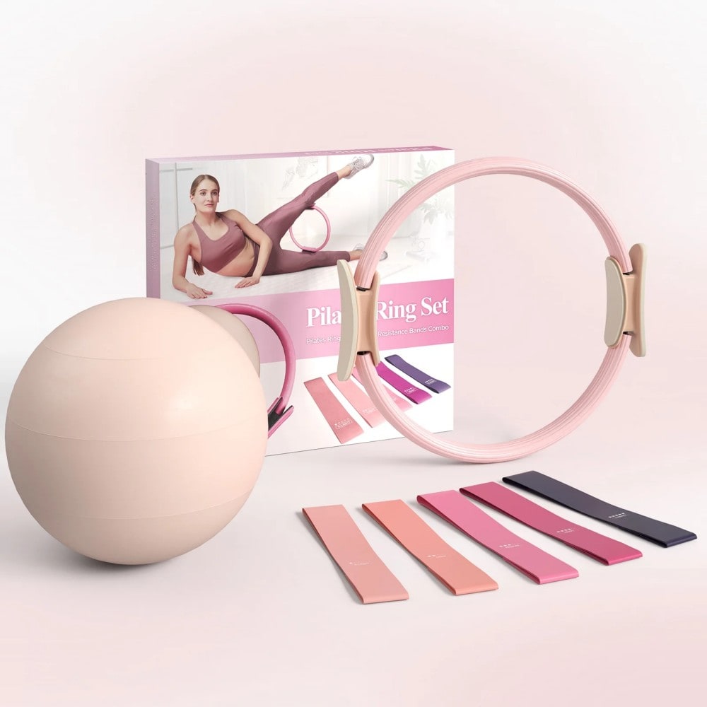 Syedee Pilates Ring Set- Anti-Deformation Circle with Padded Handles- Mini Ball- Resistance Band- Focusing on Toning Inner Thighs-Arms- and Core