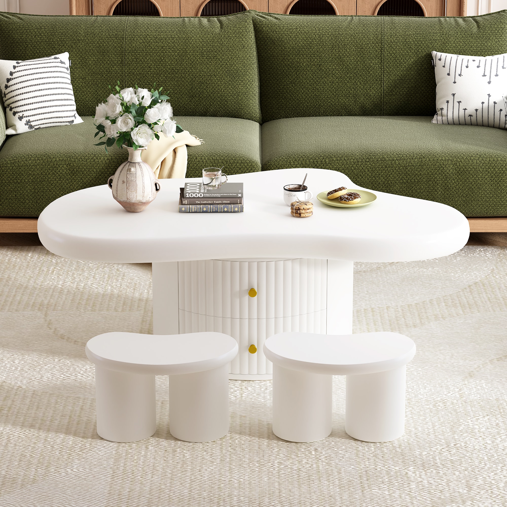 ModernLuxe L3P-SJ000128AAK Cloud Coffee Table Set of 3 Irregular Shape Coffee Table with 2 Drawers 2 Small Stools for Living Room