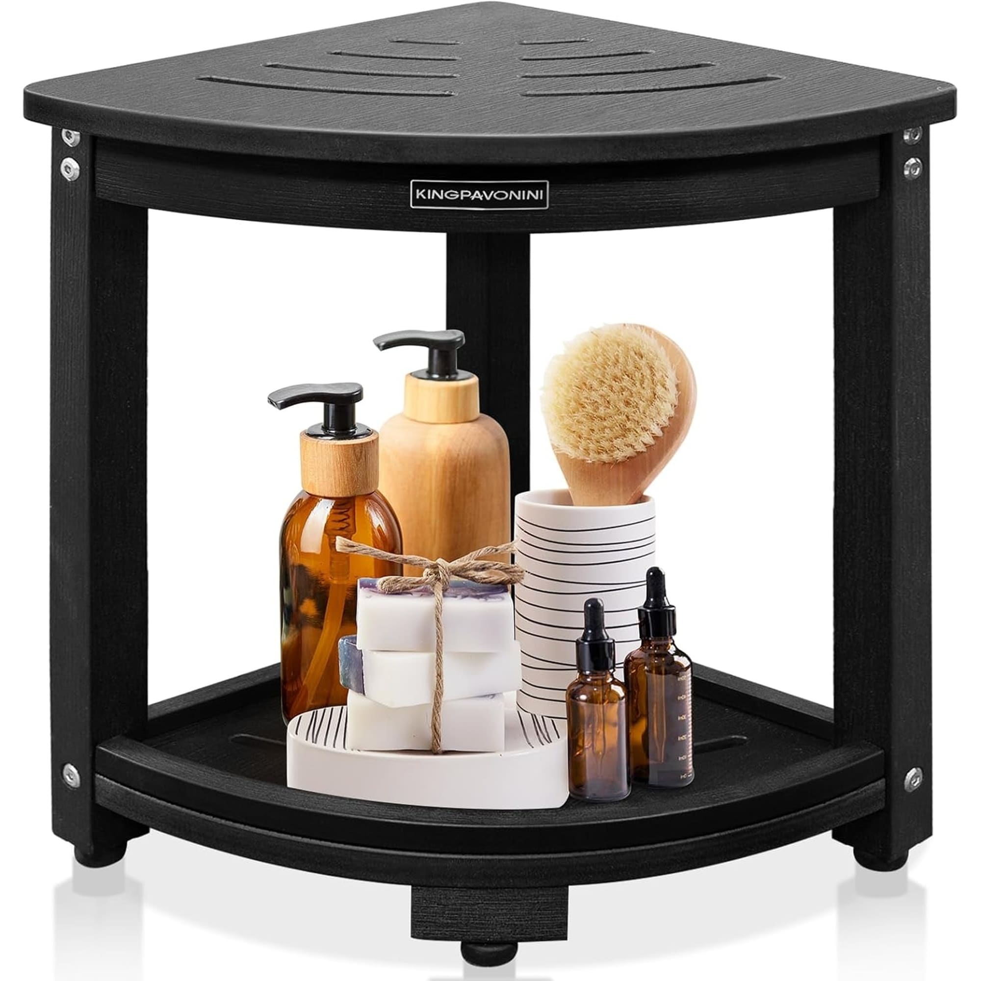Wudkey 17x13.5in Black HDPS Waterproof Corner Shower Stool with Storage Shelf