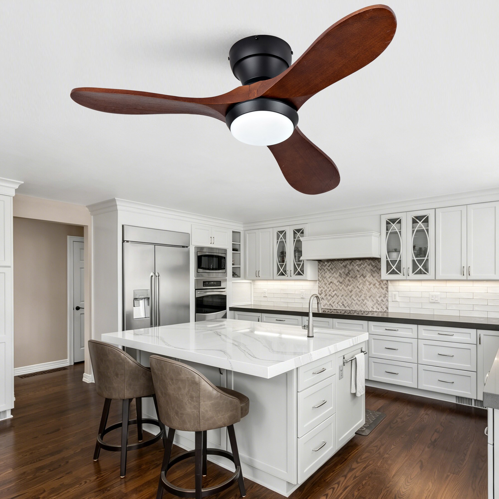 JUSHUA 36-in 3 Solid Wood Blade Ceiling Fan with LED Light and Remote ...
