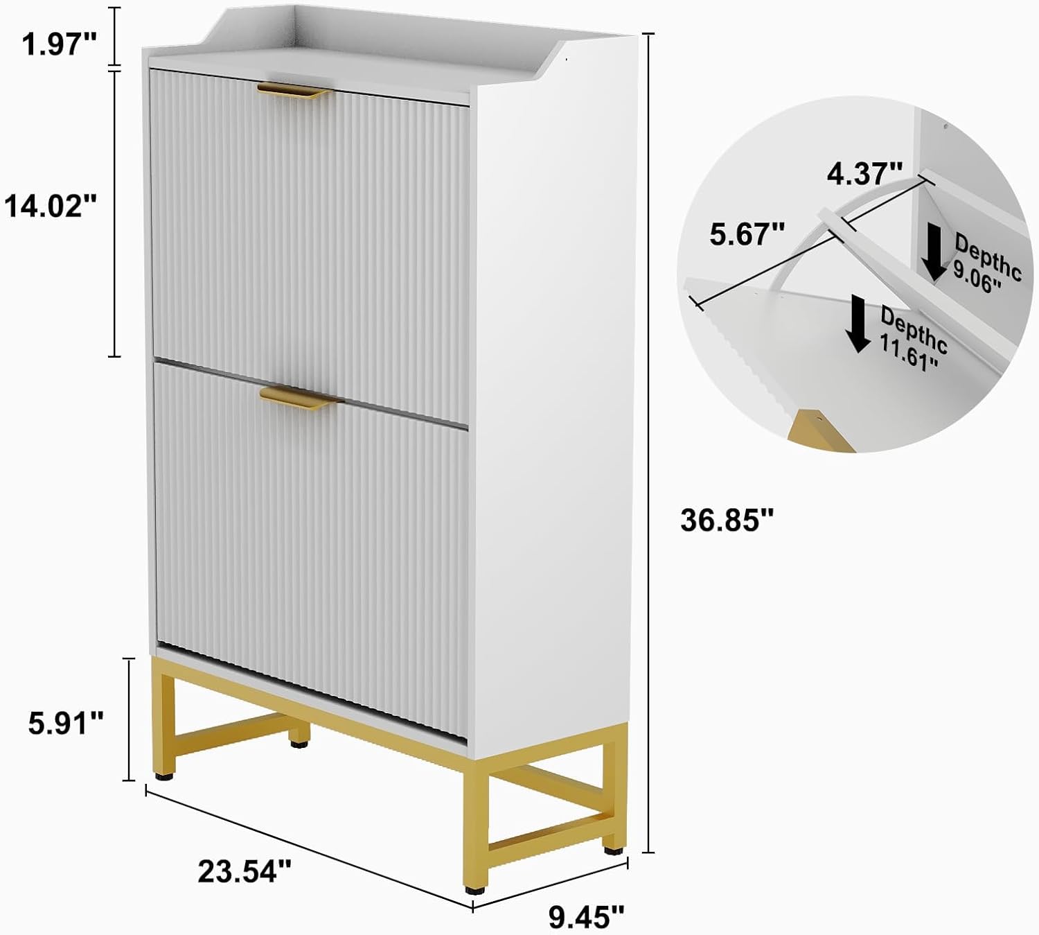 Qeetex MIE-PHO-357FHCXY Fluted Shoe Storage Cabinet for Entryway with 2 Flip Drawers 235 inch Wood Narrow Hidden Shoe Rack Cabinet with Sturdy Metal Legs for Foyer Hallway Living Room White
