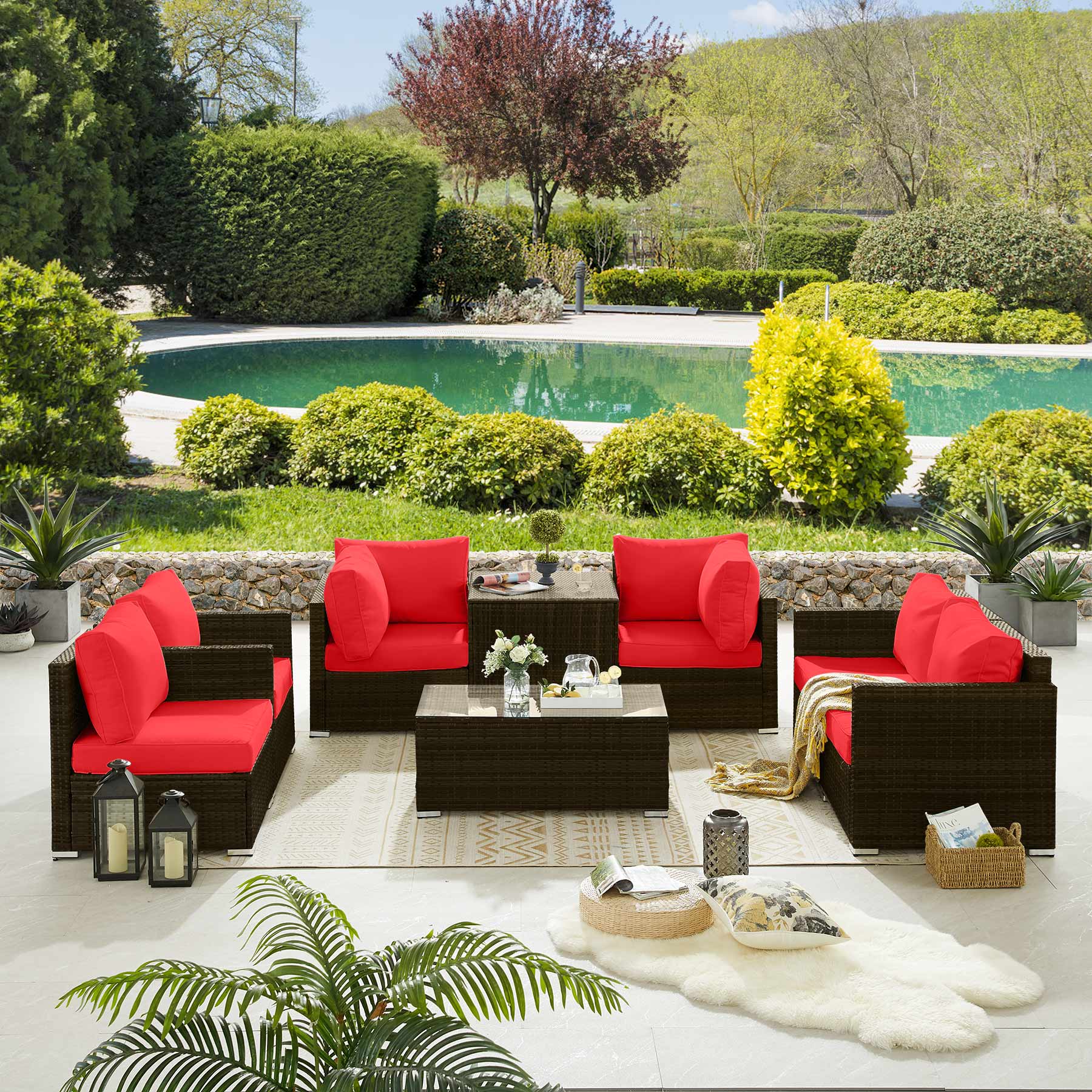 Tribesigns Ho008-bnrd Wicker Outdoor Sectional With Red Cushion(S) And ...