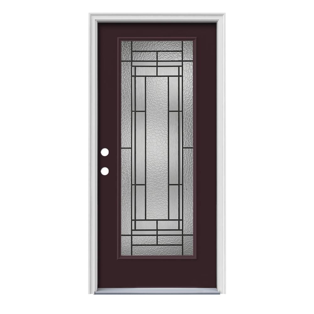 JELD-WEN LOWOLJW166501278 Pembrook 36-in x 80-in x 4-9/16-in Steel Full lite Right-hand inswing Currant Painted Prehung Front Door with Brickmould Insulating core