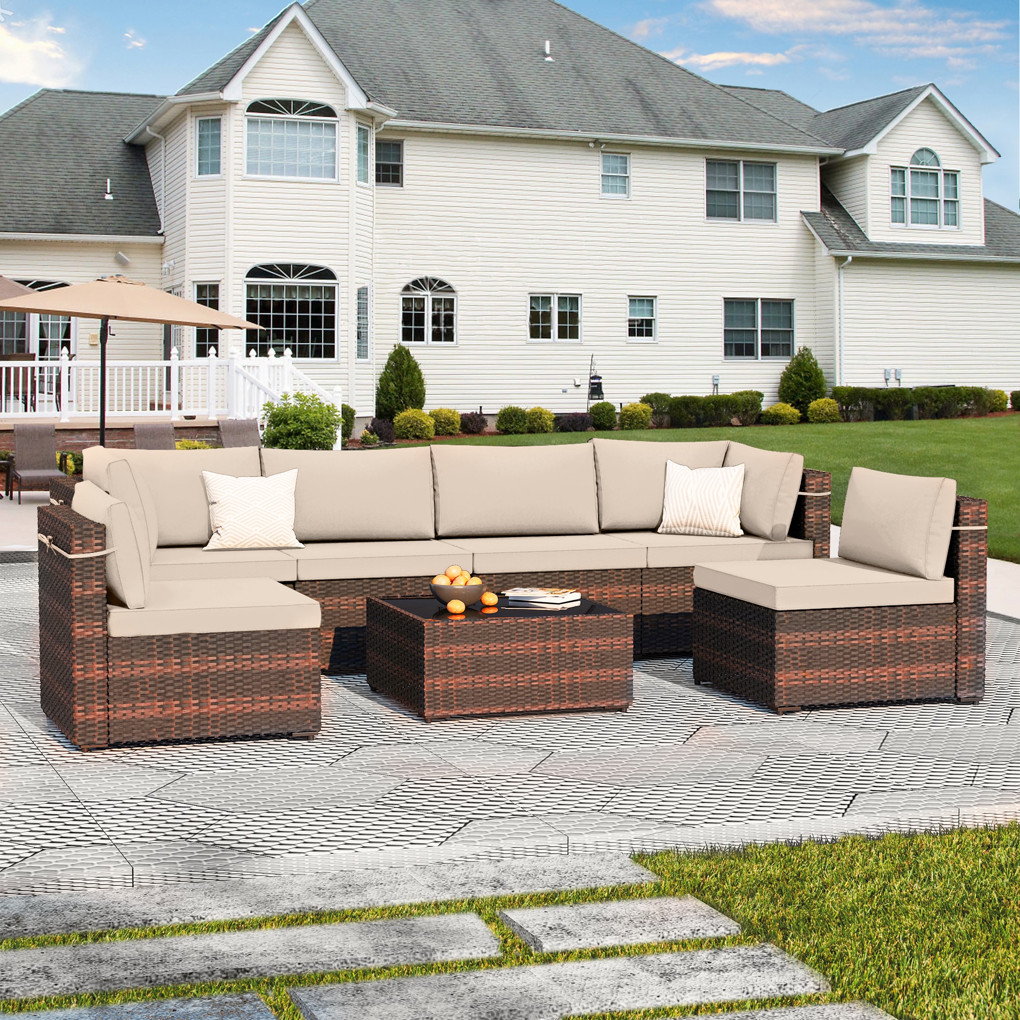 UPHA TBDK-7-QIANHUI 7 -Piece Wicker Patio Sofa Conversation Set with Beige Cushions