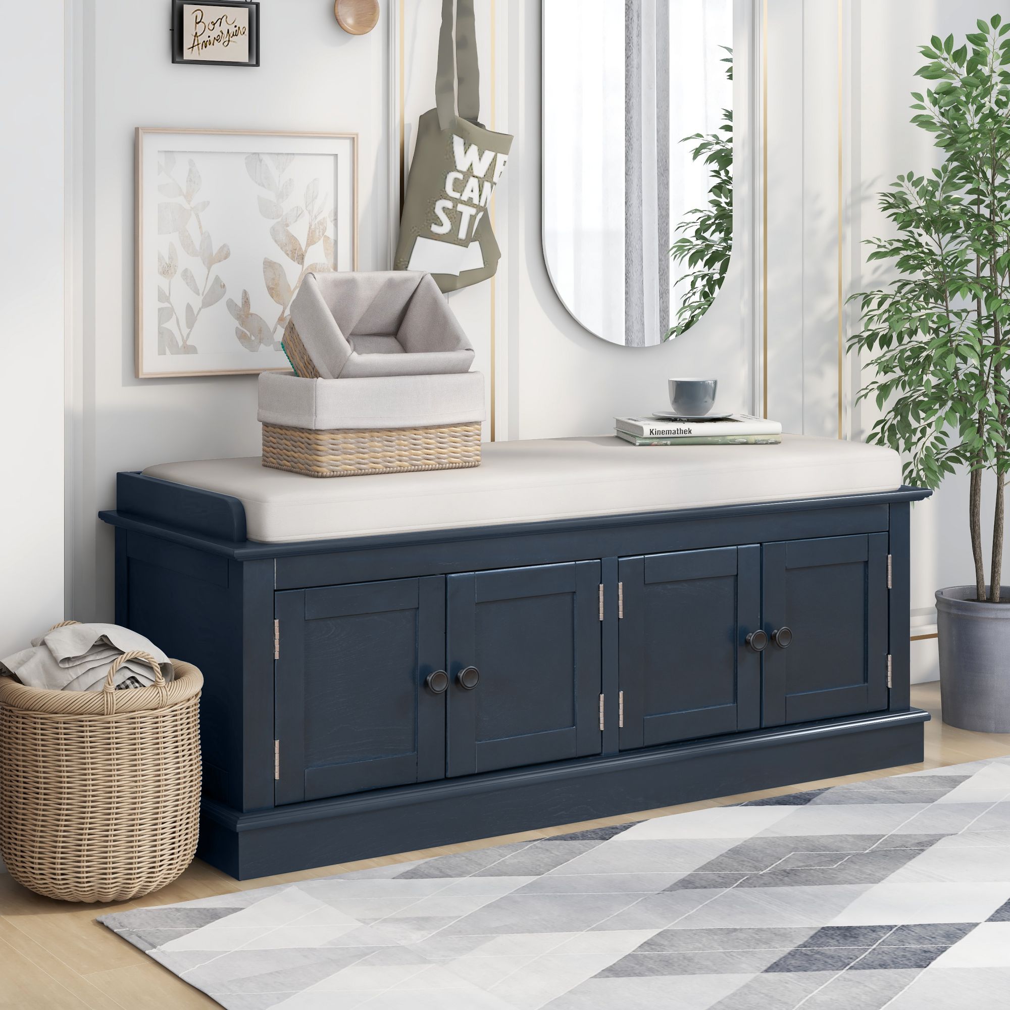 ModernLuxe WF284227AAM Storage Bench with 4 Doors and Adjustable Shelves Shoe Bench with Removable Cushion for Living Room Entryway Antique Navy