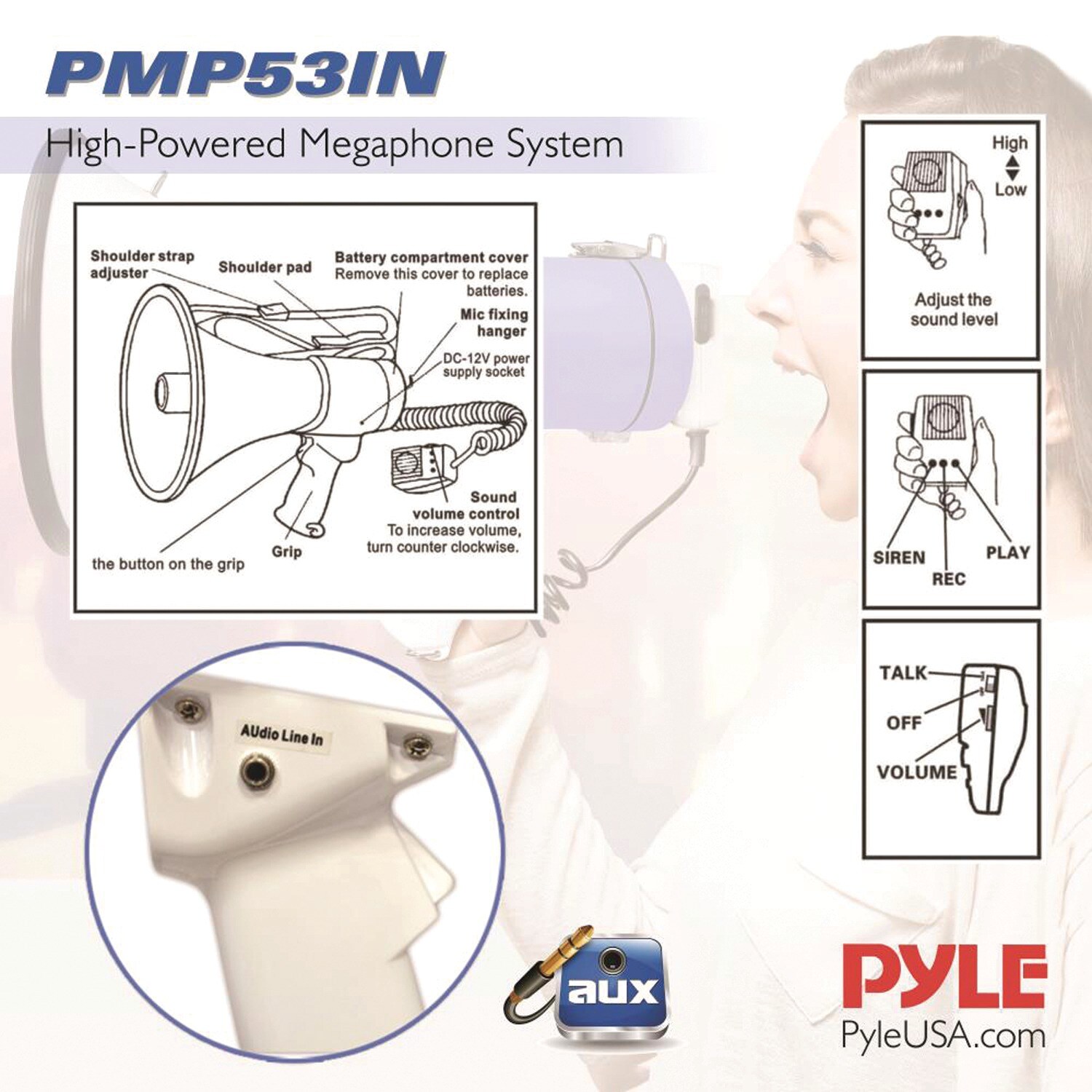 Pyle Pro 50watt Megaphone Bullhorn with Record, Siren and Talk Modes
