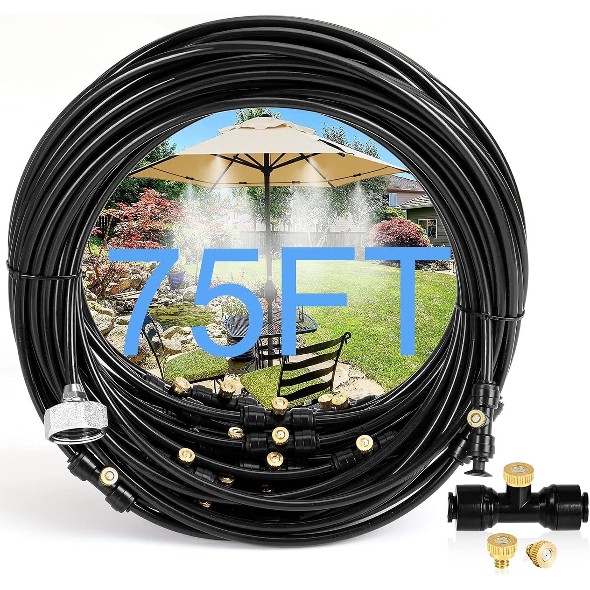 Numhew 75ft L 28-Nozzle Black Misting Cooling System with 3/4in Adapter Outdoor Patio Misters Kit