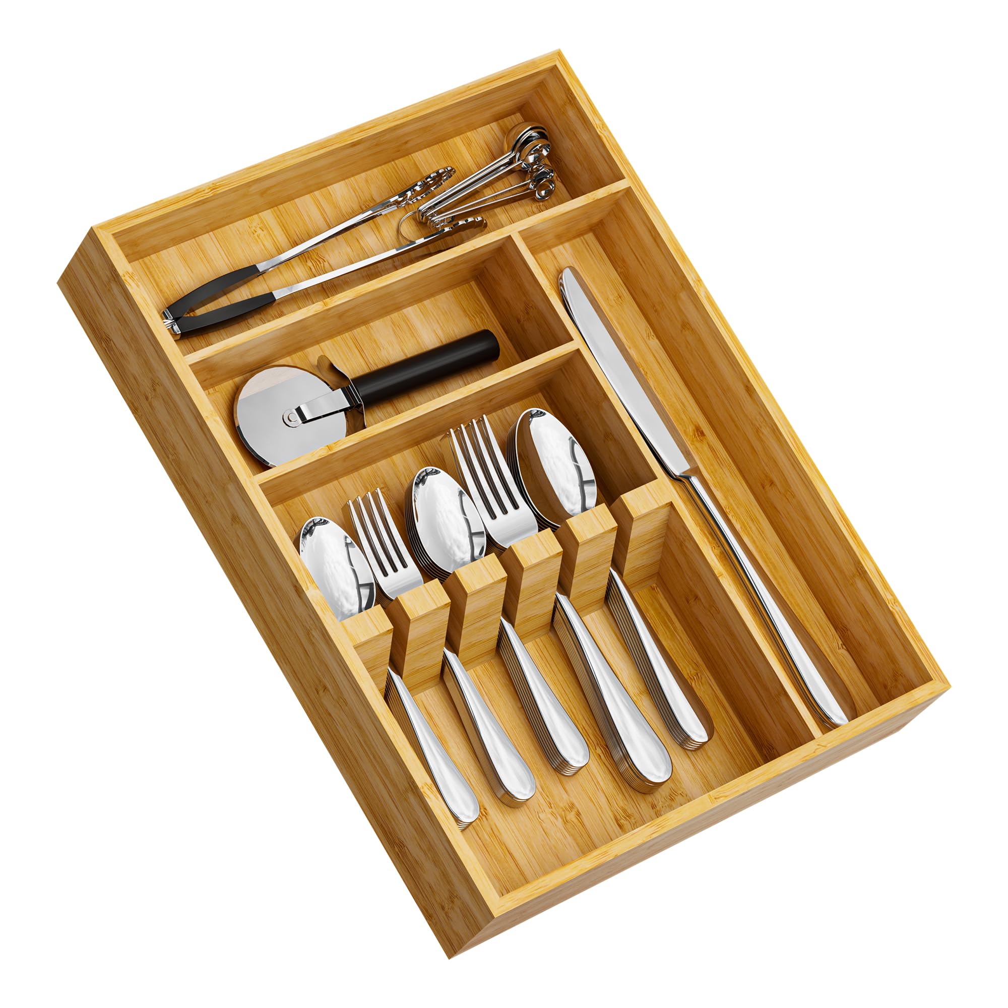 KIWDZFU  Bamboo Silverware Organizer Sixteen point three by Twelve point two four by Two point six Kitchen Utensil Drawer Tray with Fixed Slots