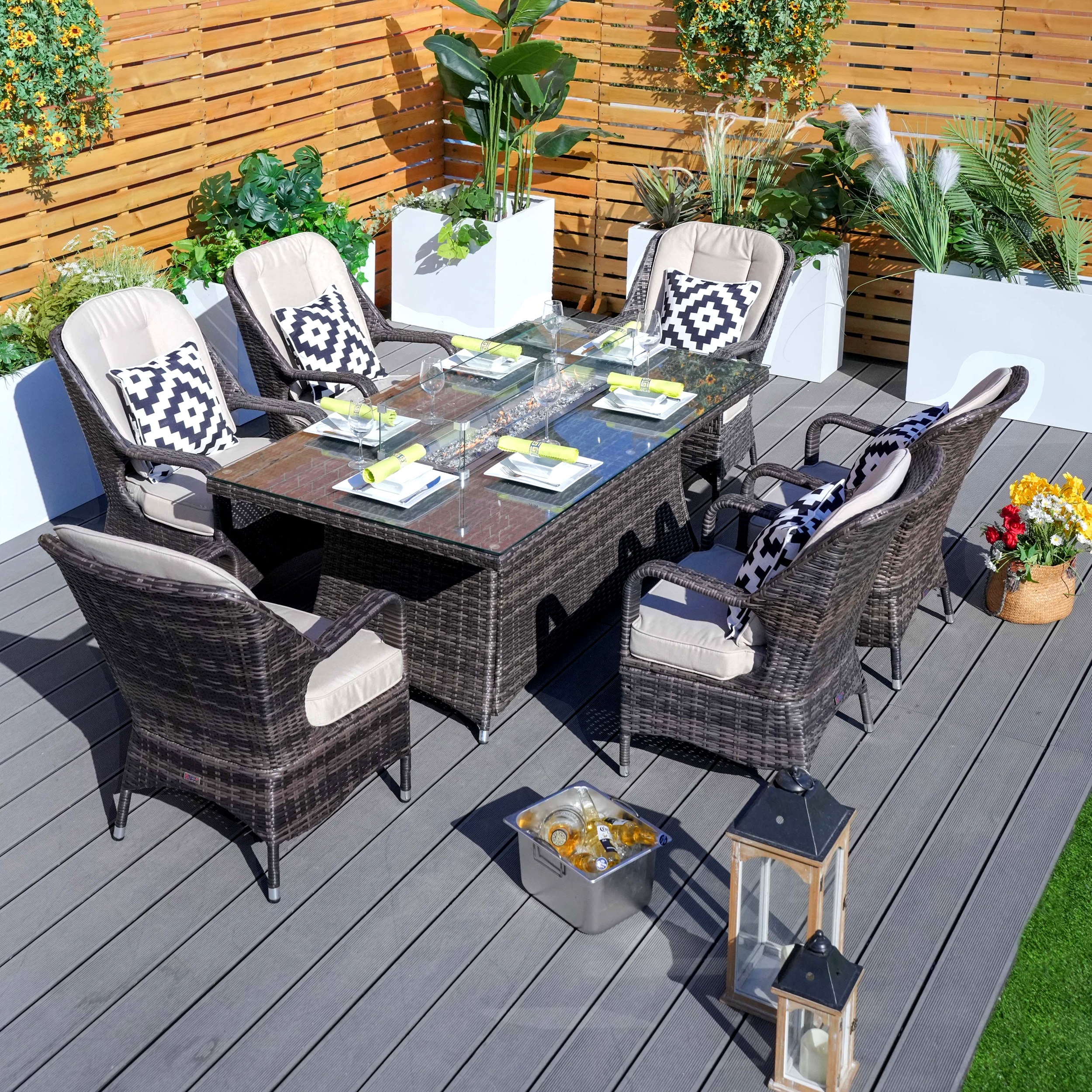 Moda Furnishings CMAG-1106-R Fire 7 -Piece Black Wicker Patio Dining Set Wicker Rectangle Table with 6 Tan Cushions Stationary Chairs Fire Pit Included