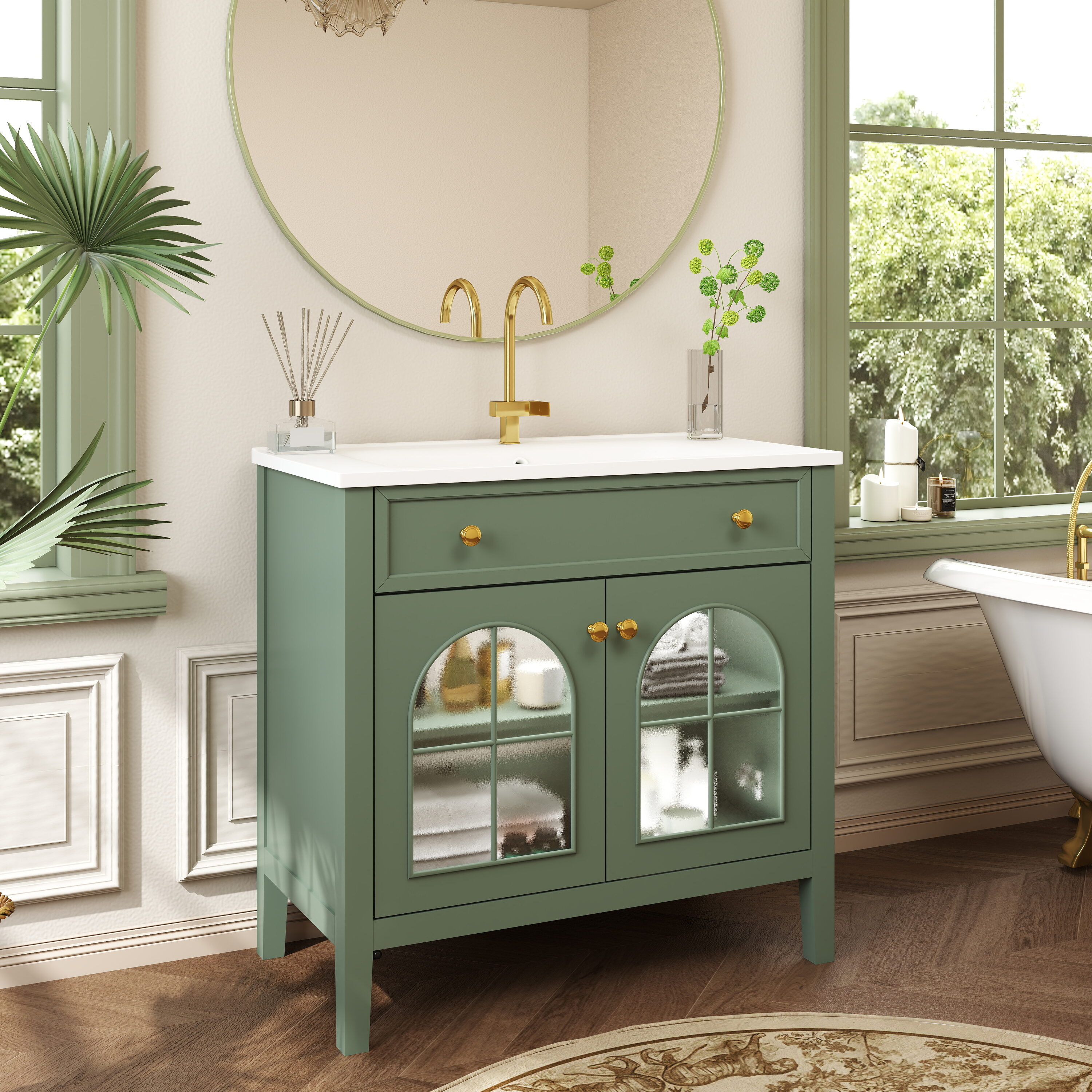 Tinyhomie 35 Inch Mid Century Bathroom Vanity Patterned Glass Motion Sensor Light Strip Freestanding Cabinet Green