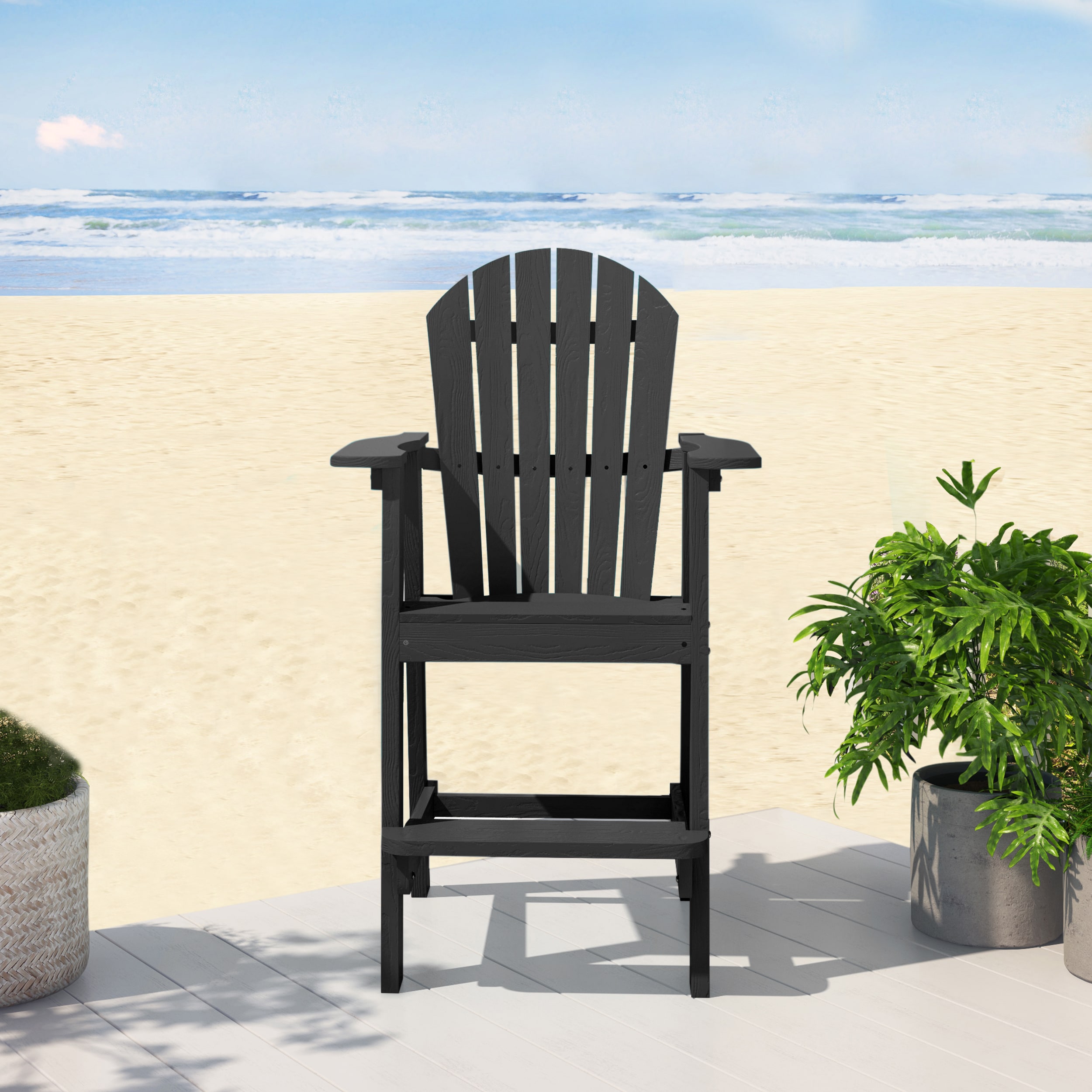 Black Wood Frame Stationary Adirondack Chair With Black Solid Seat In   65765064 