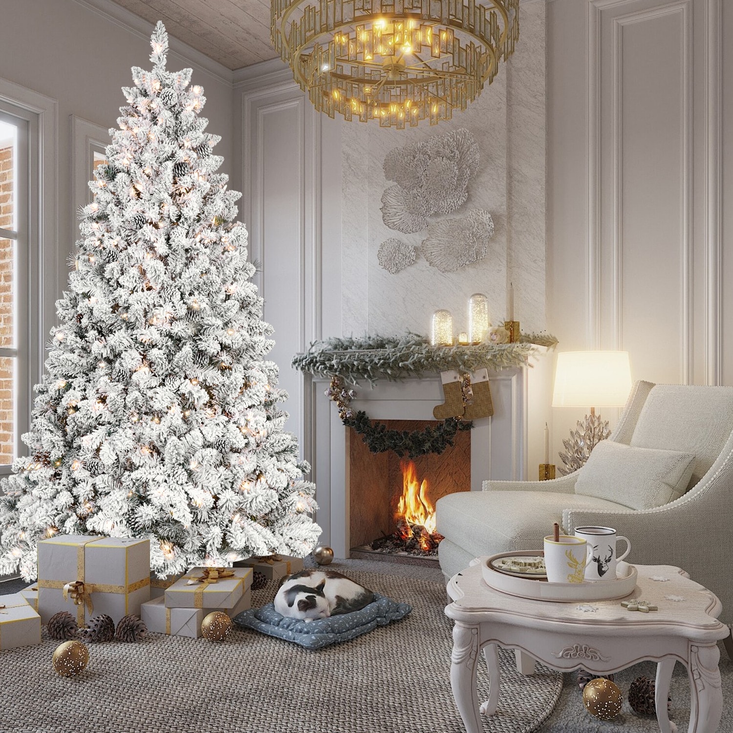 Tinyhomie 5FT Flocked Christmas Tree with 300 UL Lights and 27 Natural Pine Cones Snowy PVC Tips 600 Tips Hinged Structure Stable Metal Stand Easy Setup