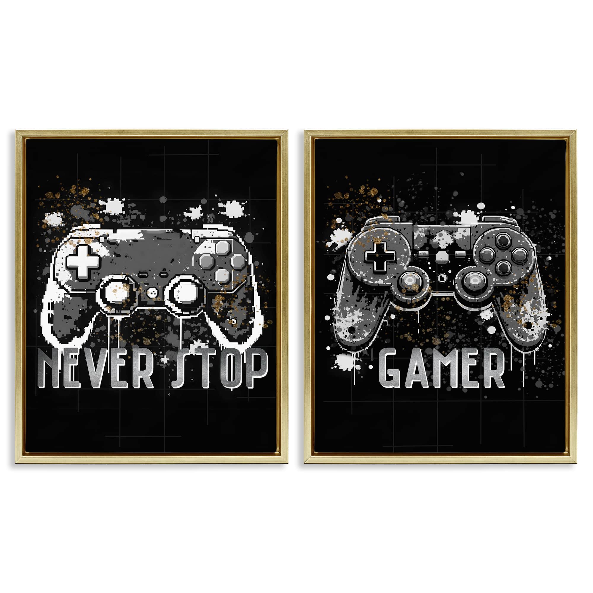 Stupell Industries B2-713-FFG-2PC-16X20 Modern Gamer Controller Phrases 2 Piece Gold Framed Floater Canvas Set By Kim Allen 17 x 21