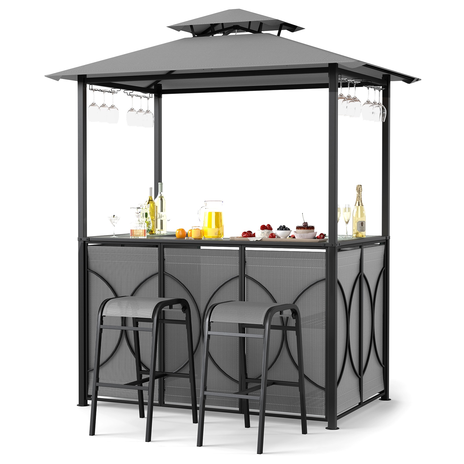Volenca Grill Gazebo Set with Double-Roof Canopy 2 Bar Stools and Glass-Top Bar Table 6.5 x 4 x 8-ft