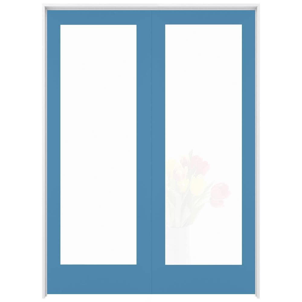 RELIABILT LO1370128 56-in x 80-in Blue Heron Solid core 1-panel Frosted glass Reversible/Universal Smooth Prefinished Pine Wood Flat Jamb Double Prehung Interior Door