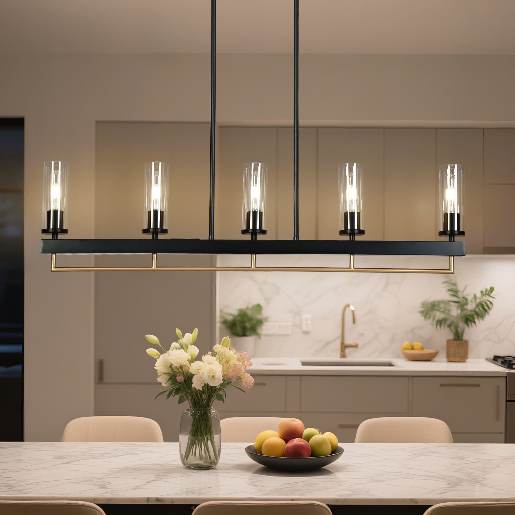 ZEVNI - 5 -Light Black and Gold Chandelier Modern/contemporary Clear glass Linear Large Hanging K...