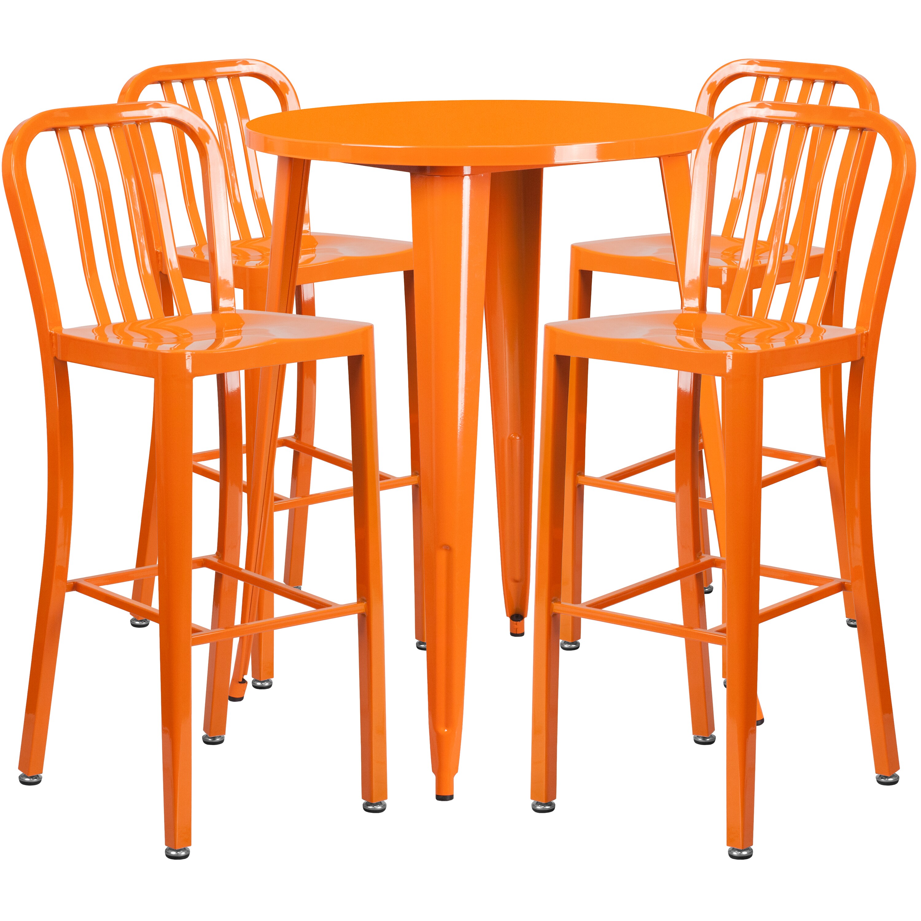 Flash Furniture 889142081654 Tristan Commercial Grade 30-in Round Orange Metal Indoor-Outdoor Bar Table Set with 4 Vertical Slat Back Stools