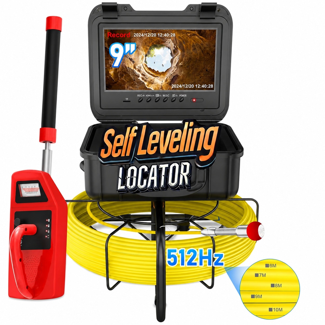 Aoibox  250 ft Self Leveling 9 in HD Sewer Camera with Locator Depth Marking and Adjustable LED Lights