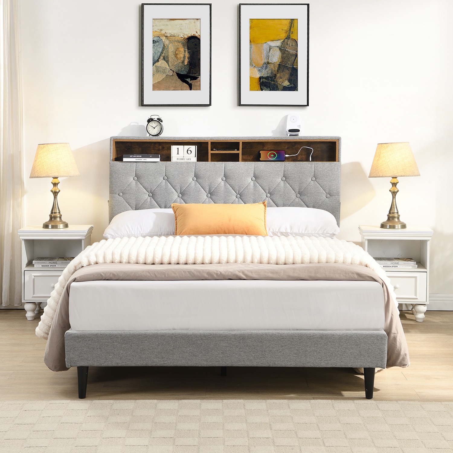 GZMR GZ-JH3657F Queen-Size Upholstered Platform Bed Frame LIGHT GREY Queen Composite Bed frame Bed with Storage