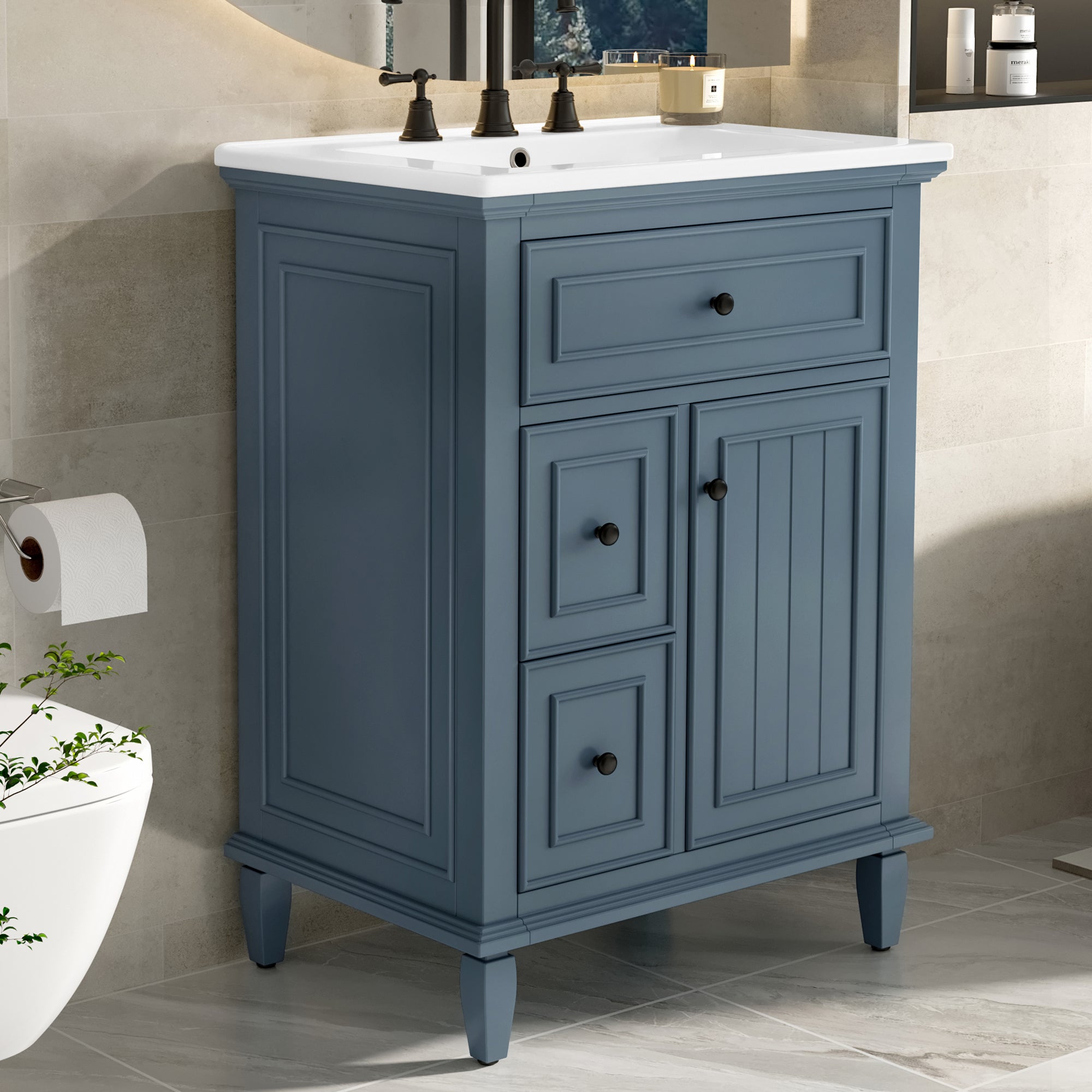 Boyel Living BL-BY-2821C 24 Inch Bathroom Vanity with Sink Cabinet with One Flip Drawer and Two Drawers Adjustable Shelf Solid Wood MDF Blue Gray