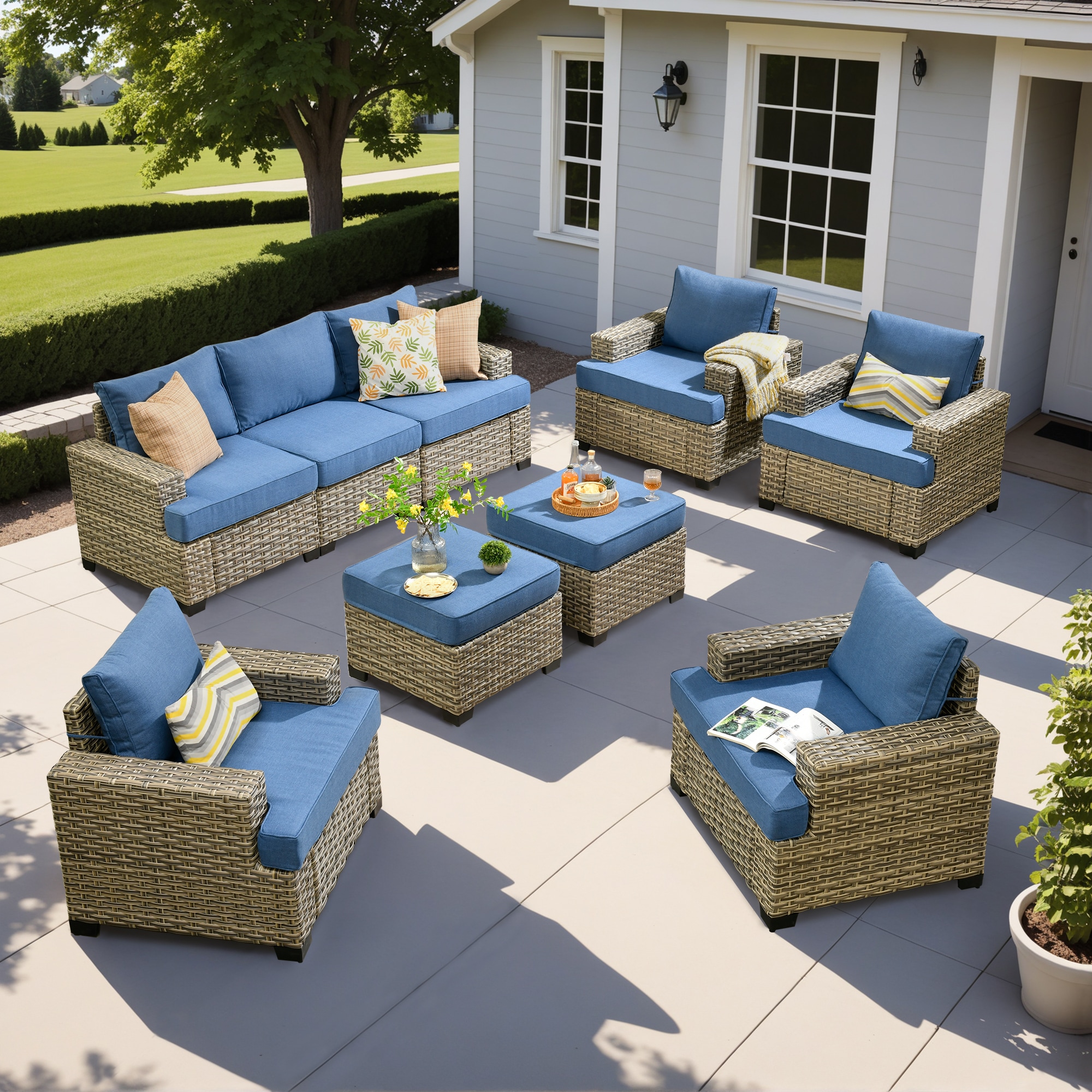 ALTRIGUS 6L-TBS509-AL 9 -Piece Wicker Patio Sofa Conversation Set with Blue Cushions