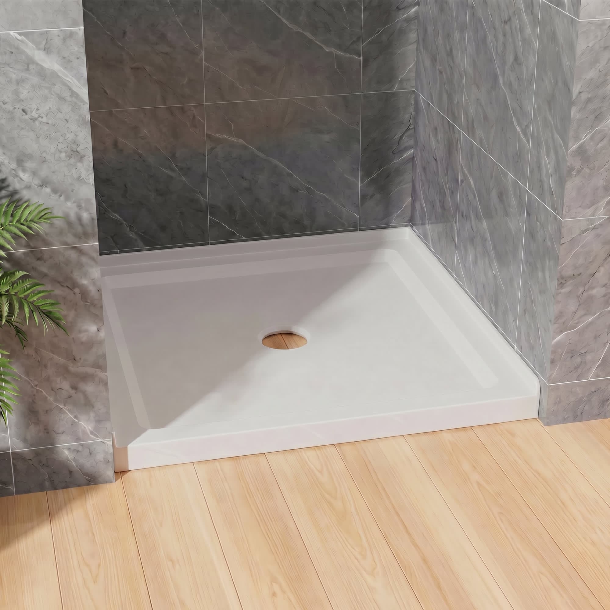Vynxaria - 36-in x 36-in x 3.3-in Slate White ABS Square Shower Base with Center Drain and Single...