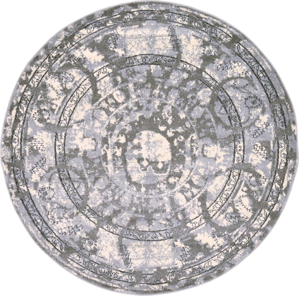 Unique Loom 3119798 Vintage La Jolla 6 x 6 (ft) Loomed Polypropylene Gray/Silver Round Indoor Border Vintage Area rug