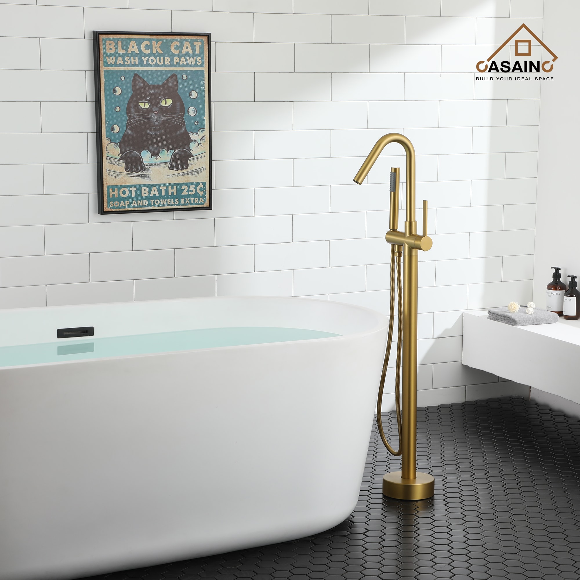 CASAINC Brushed Brass 1-handle Freestanding High-arc Bathtub Faucet ...