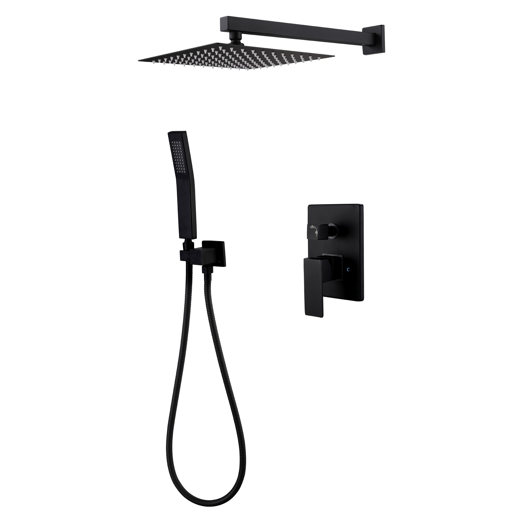 WELLFOR WN0715 Matte Black 10-Inches Waterfall Dual Head Built-In Shower Faucet System with 2-way Diverter ( Ceramic Disc Valve Included )