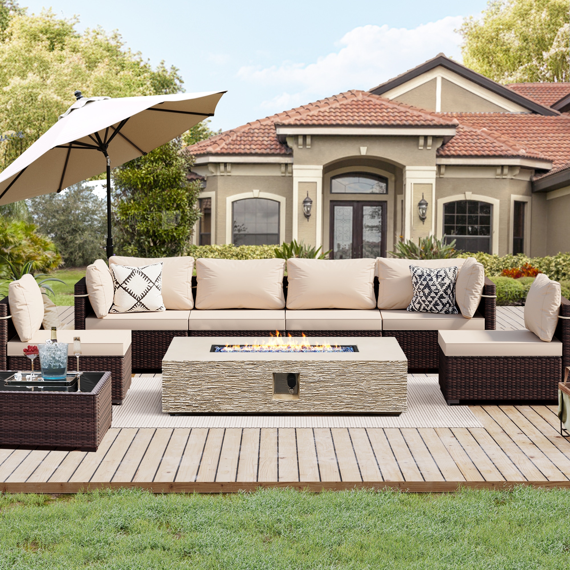 Patio Watcher LS-RT7-56HBE-B1 Rattan Sofa Set 8 -Piece Rattan Patio Conversation Set with Beige Cushions