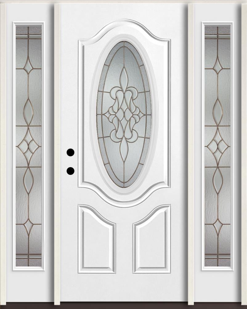 RELIABILT LO963443 Stately 60-in x 80-in x 4-5/8-in Fiberglass Oval lite Right-hand inswing Unfinished Unfinished Prehung Single door with sidelights Front Door Insulating core Decorative glass