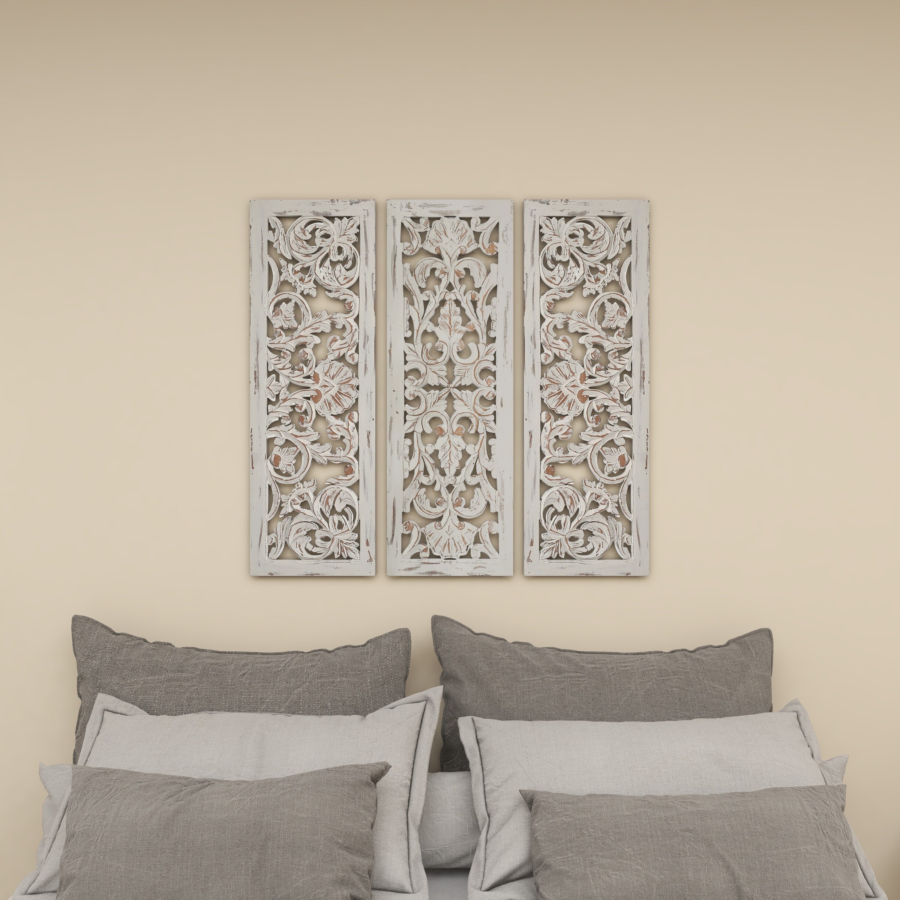 White Distressed Wood Carved Floral Wall Panels Set of 3