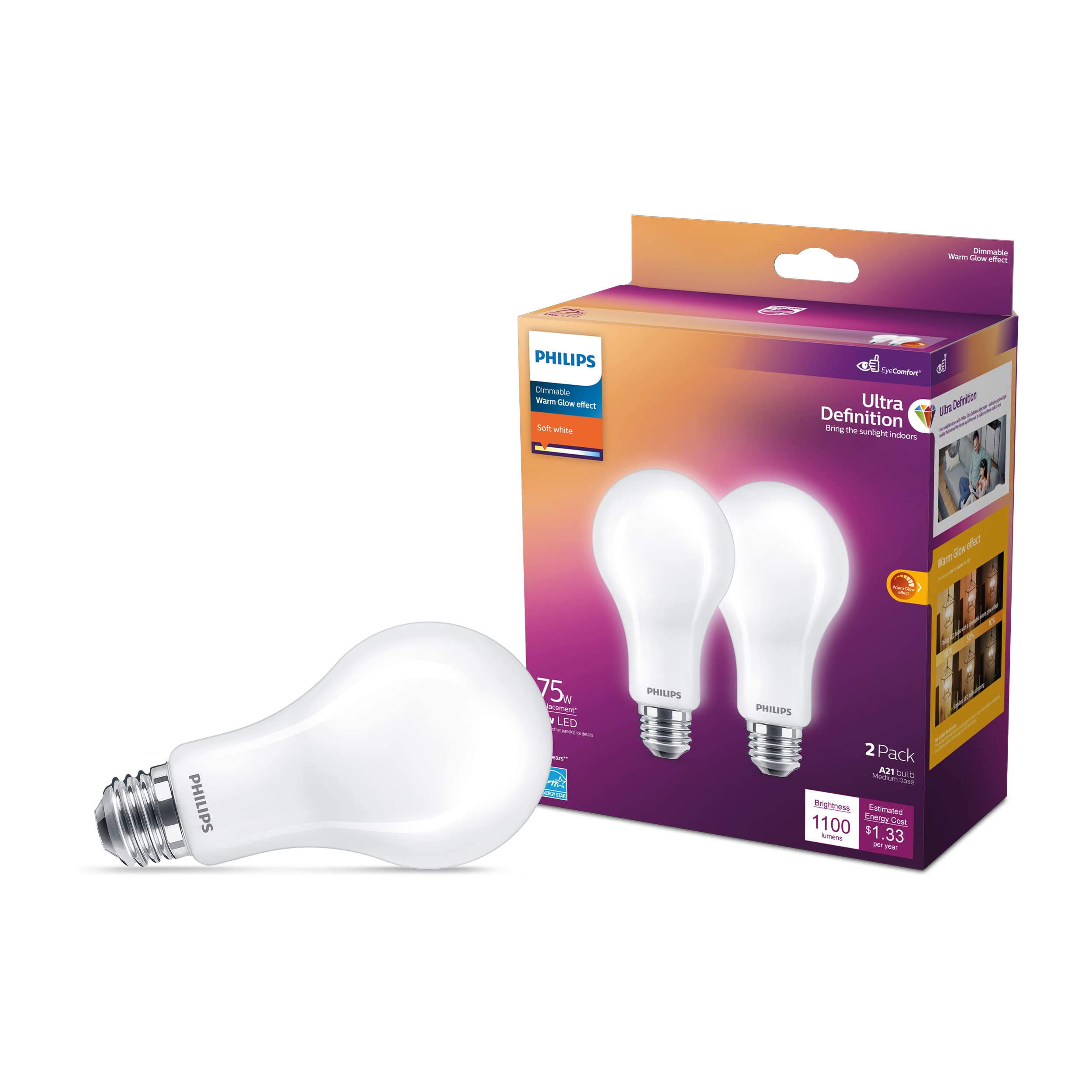 Philips  LED 75W A21 Soft White Light Bulbs 2 Pack Dimmable Ultra Definition 1100 Lumens