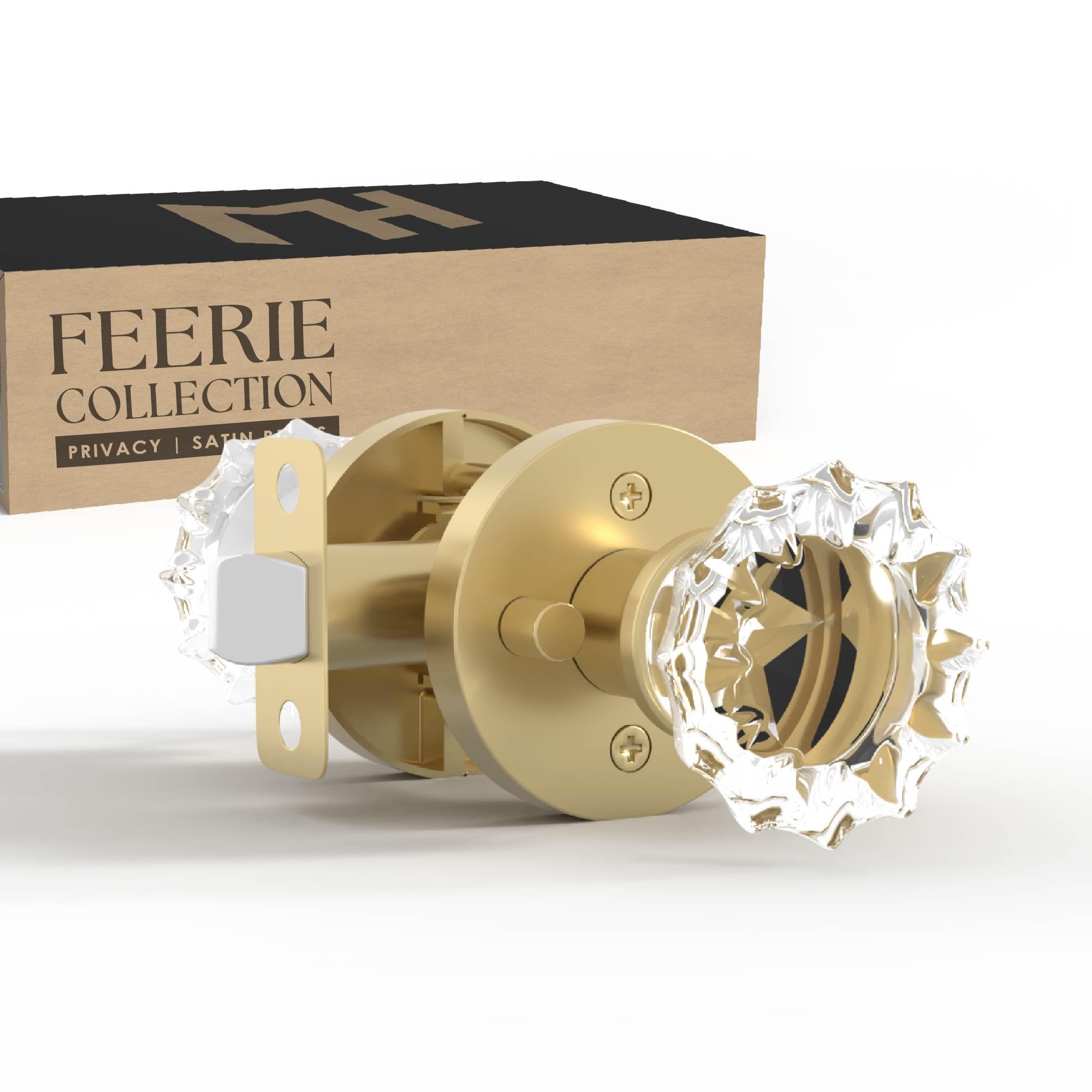 Mega Handles  Feerie Gold Privacy Door Knob - 1 Pack Reversible Interior Gold Door Knob Heavy Duty Bed and Bath Door Knobs with Privacy Lock Fits All Standard Door Sizes - Satin Brass