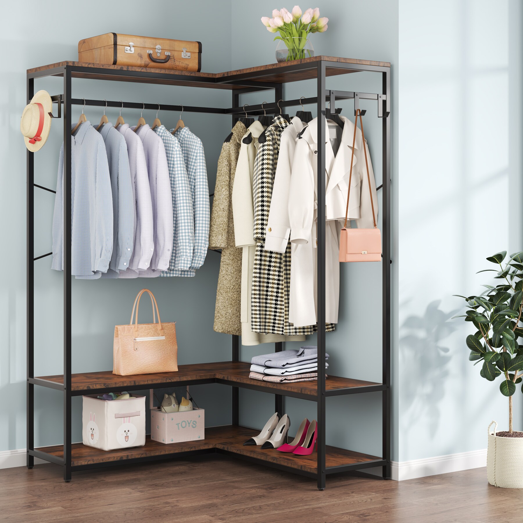 Tribesigns Free-Standing Closet Organizer,Heavy Duty Clothes Rack with 6 Shelves and Hanging Bar, Large Closet Storage System & Closet Garment Shelves