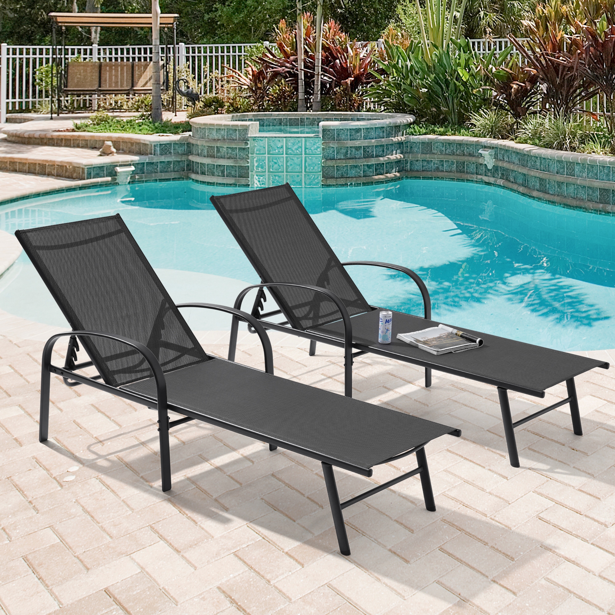 Acegoses Patio Lounge Chair Set Of 2 Frame Stationary Chaise Lounge Chair(S)  With Black Sling Seat In The Patio Chairs Department At Lowes.Com