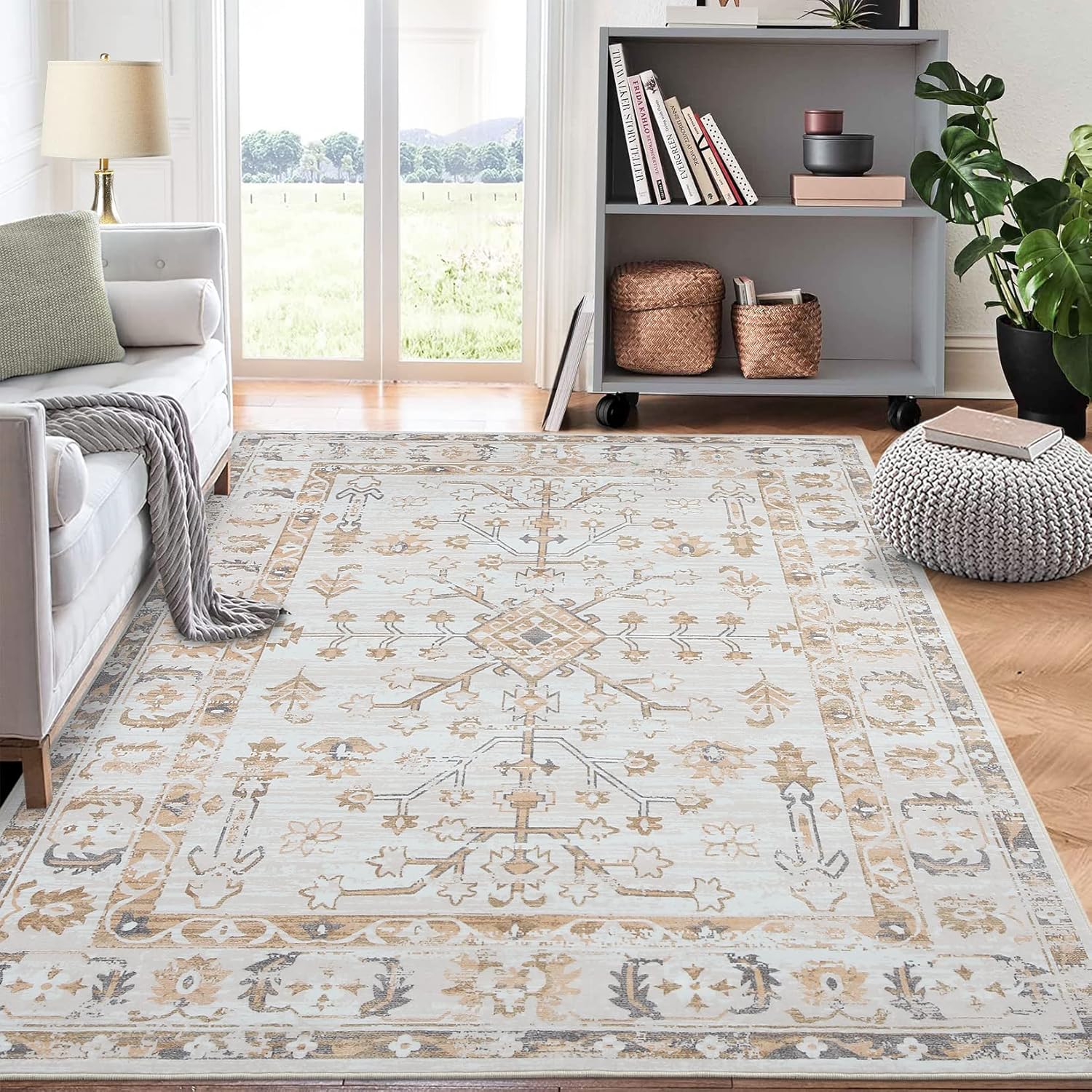 Qeetex LXL-PHO-0XQ0C1OH Area Rug Beige Traditional Geometric Indoor Rectangular Washable Rug Vintage Floral Rug Non Slip Carpet Living Room Dining Room Office