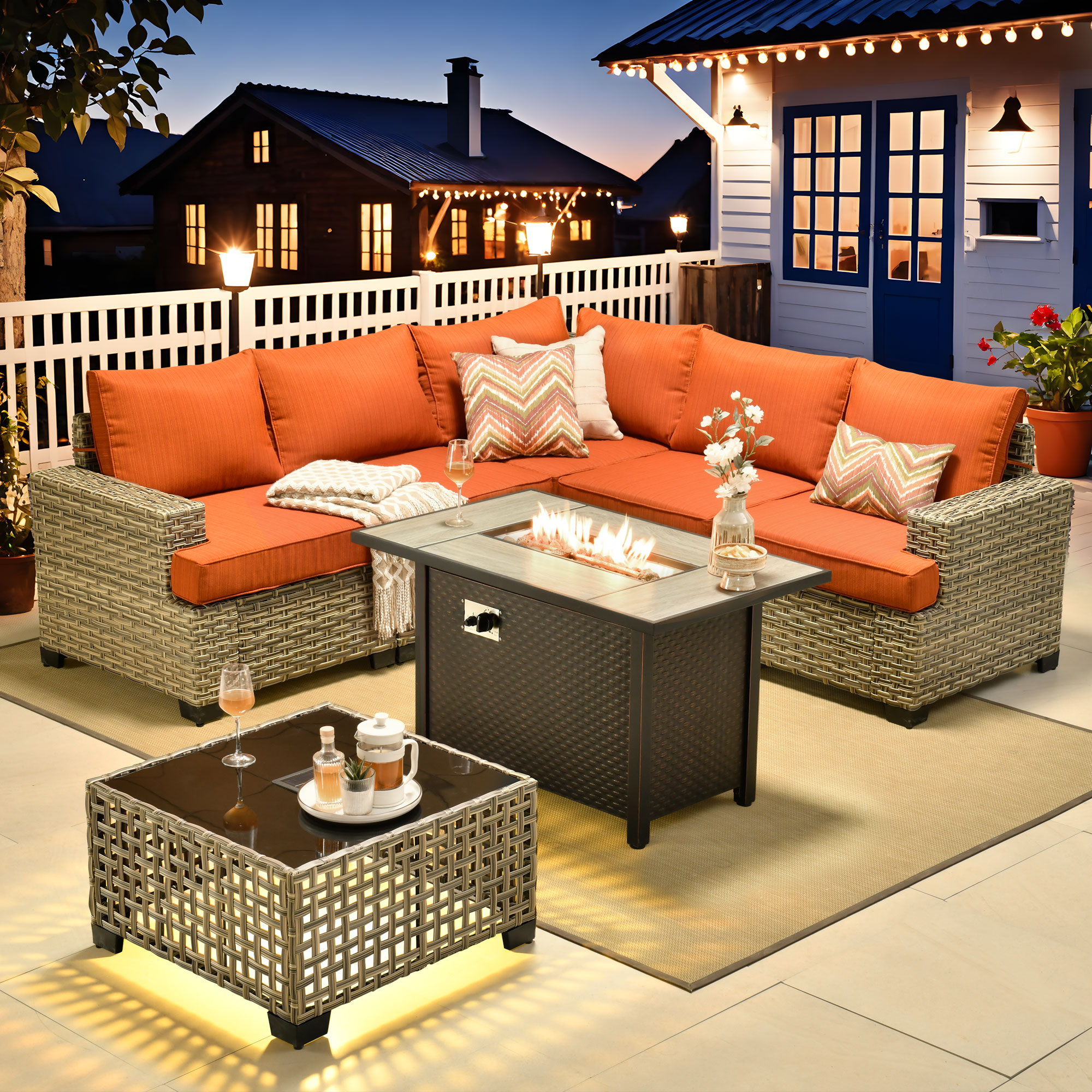 Caodoc L5-CFP03-TBS807-1 CFP03-TBS Wicker Outdoor Sectional with Orange Cushions and Wicker Frame