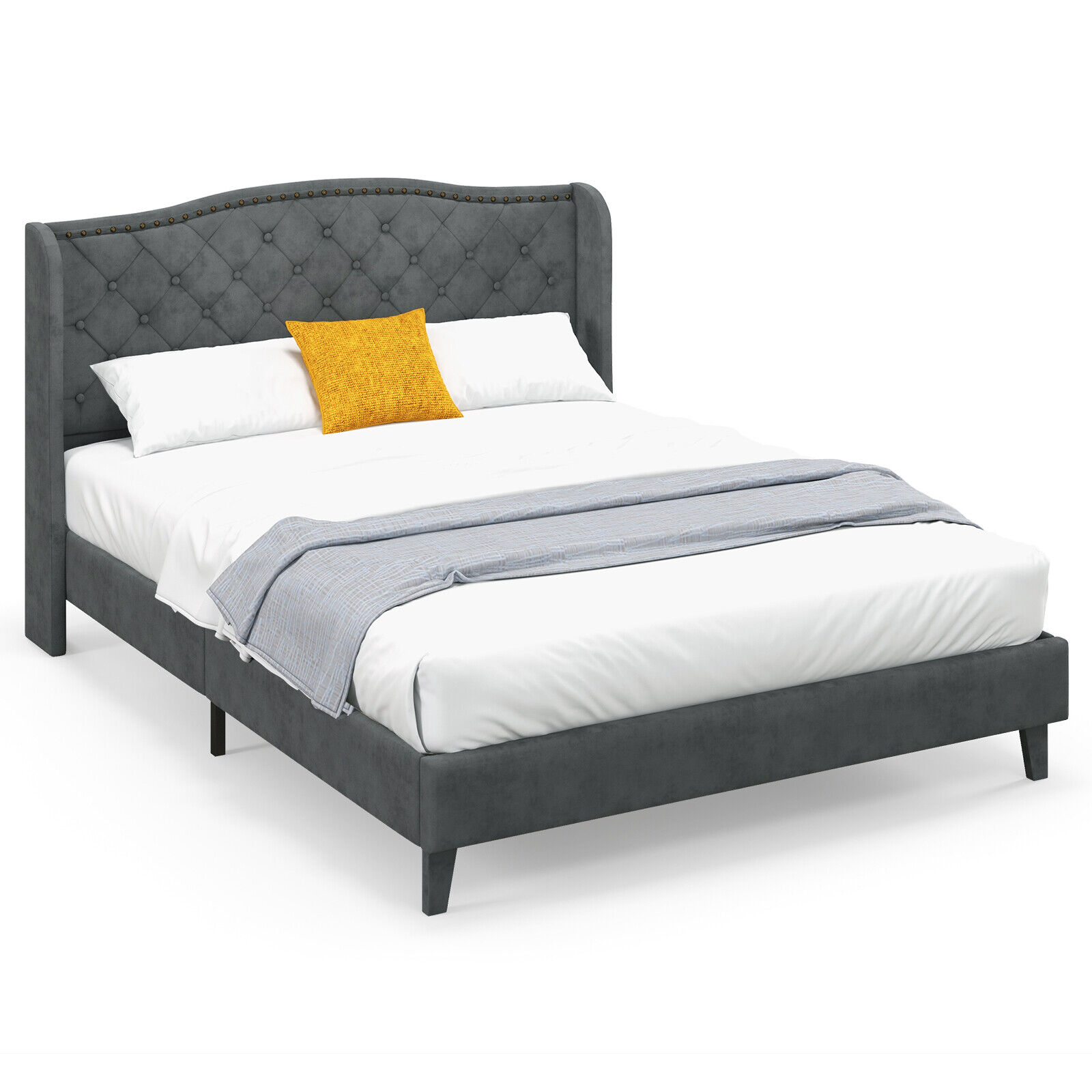 Volenca Queen Velvet Upholstered Platform Bed with Button Tufted Wingback Headboard 1000-lb Capacity