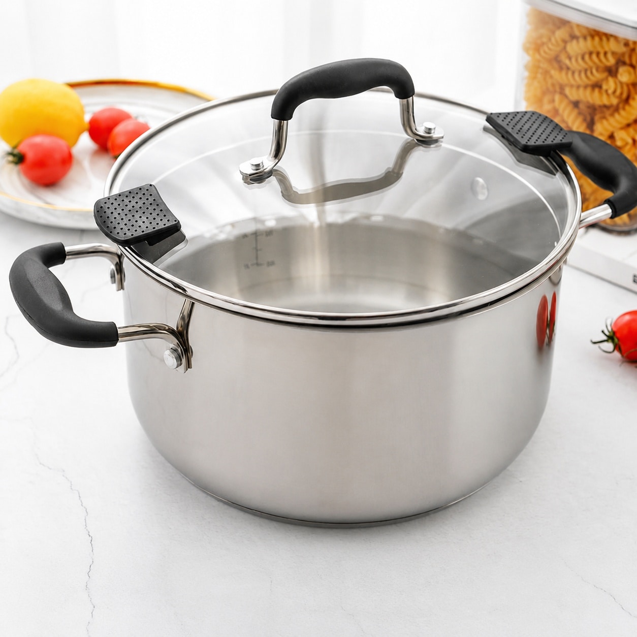 LILILIAN FMY  Stainless Steel Stock Pot with Lid 6 Quart Pasta Pot with Two Side Spouts Capsule Bottom and Strainer Glass Lid