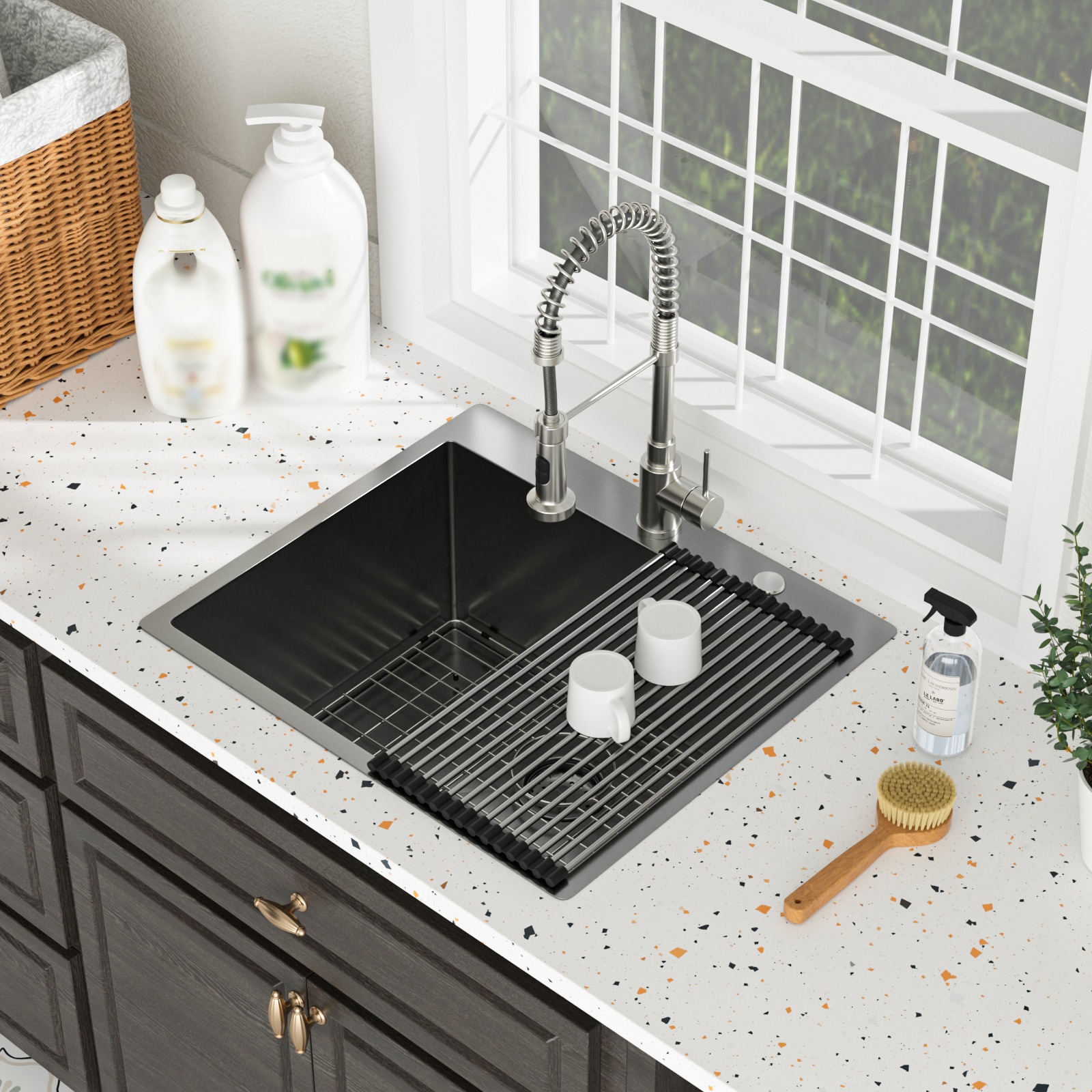 Tatayosi P1-3P379913 Laundry Sink Drop In - 25 x 22 x 12 Laundry Utility Sink 16 Gauge Stainless Steel Drop In Topmount Gunmetal Black 12 Inch Deep Single Bowl Above Counter Utility Laundry Room Sink Basin