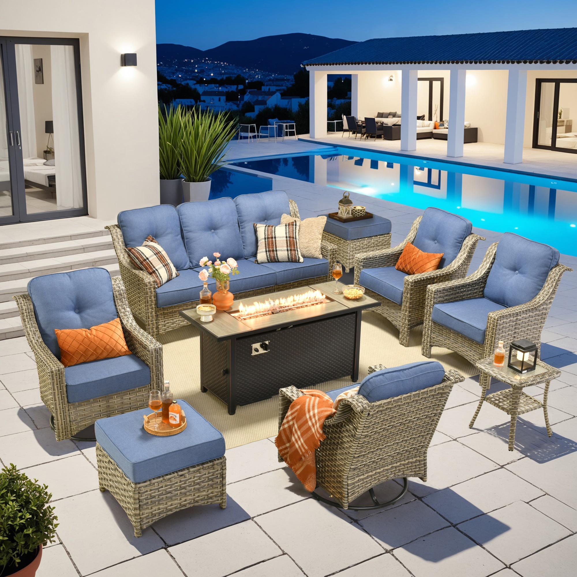 Pouuin SDFPYZPAD509 10 -Piece Wicker Patio Sofa Conversation Set with Blue Cushions