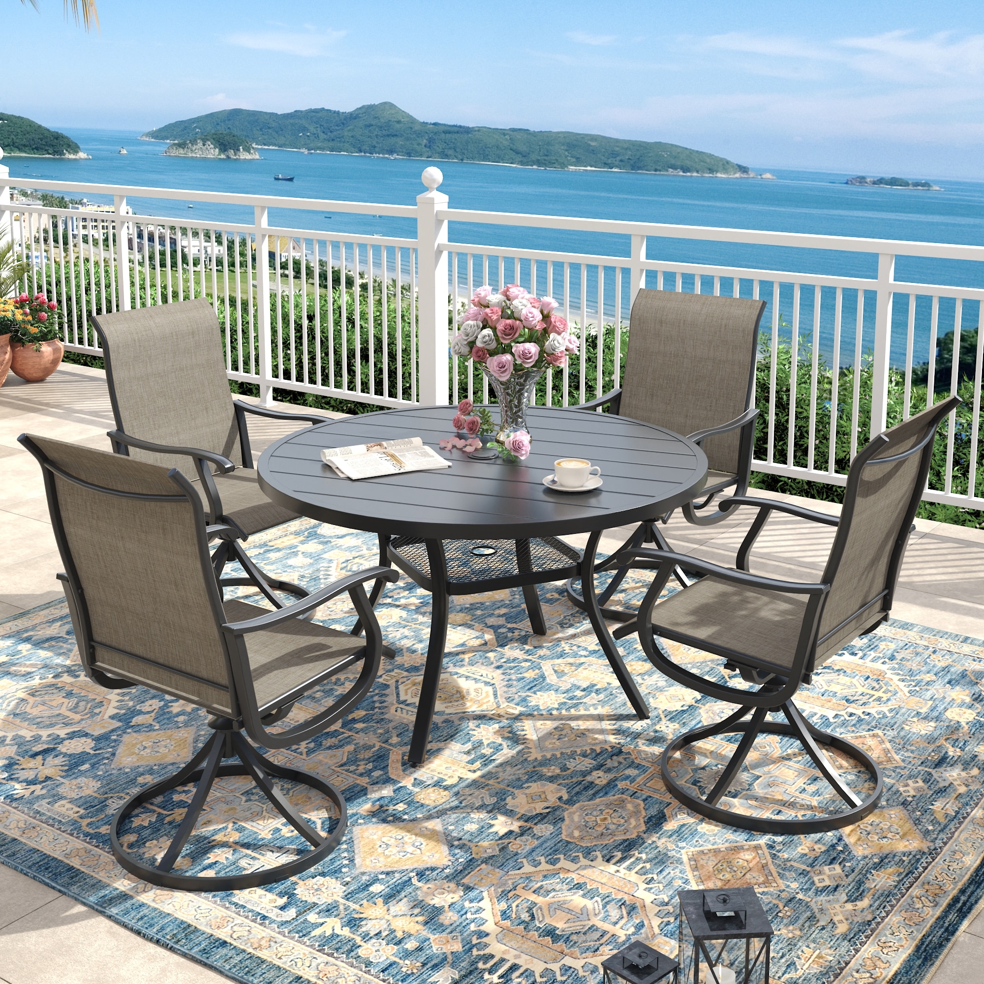 VICLLAX DTS05BL-KDCS03BL-5V Patio Dining Set 5 -Piece Black Patio Dining Set Steel Round Table with 4 Brown Swivel Chairs