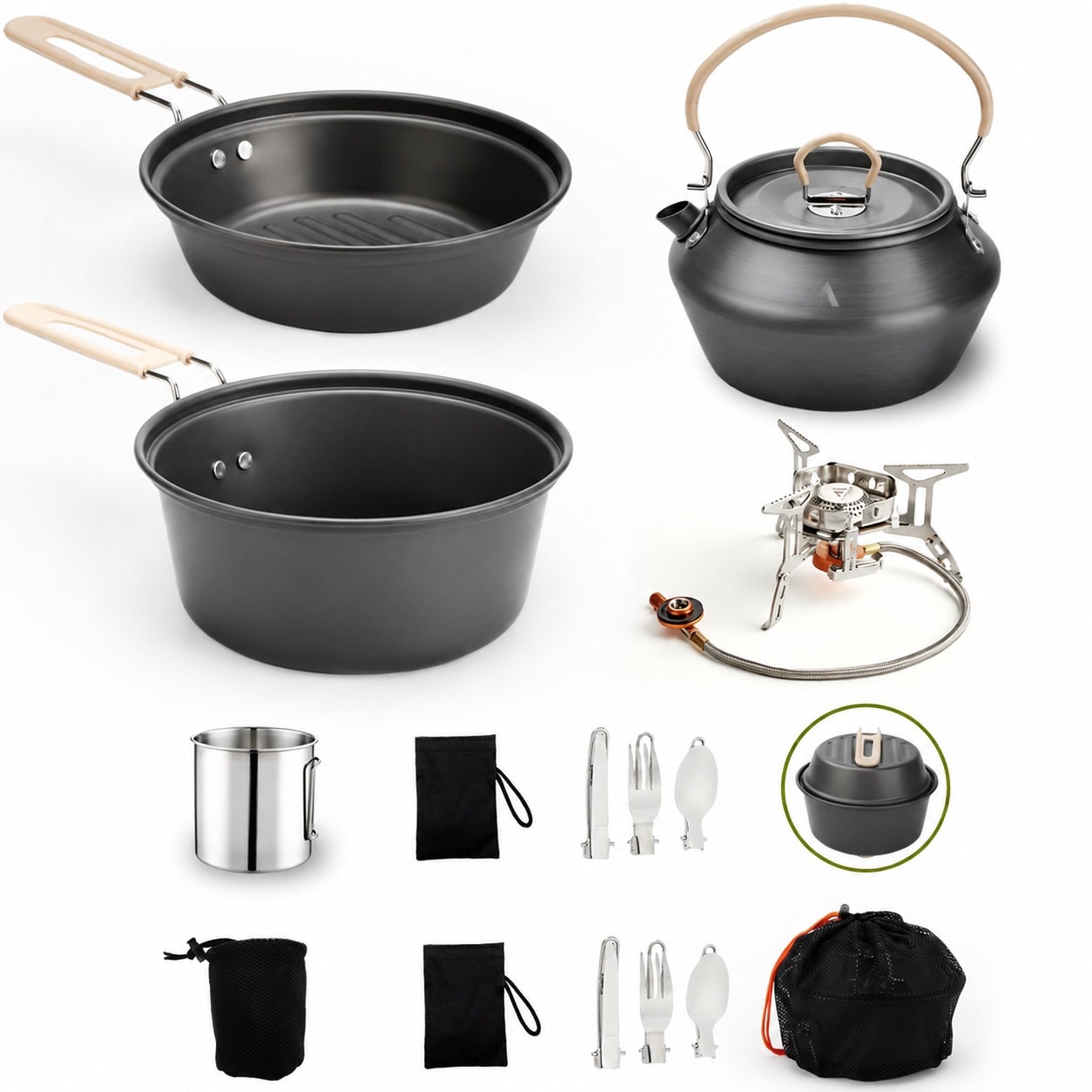 ITOPFOX  17pcs Camping Cookware Kit with Pot Kettle Pan Stainless Steel Cups Plates Forks Knives Spoons Portable Stove and Mesh Bag for Outdoor