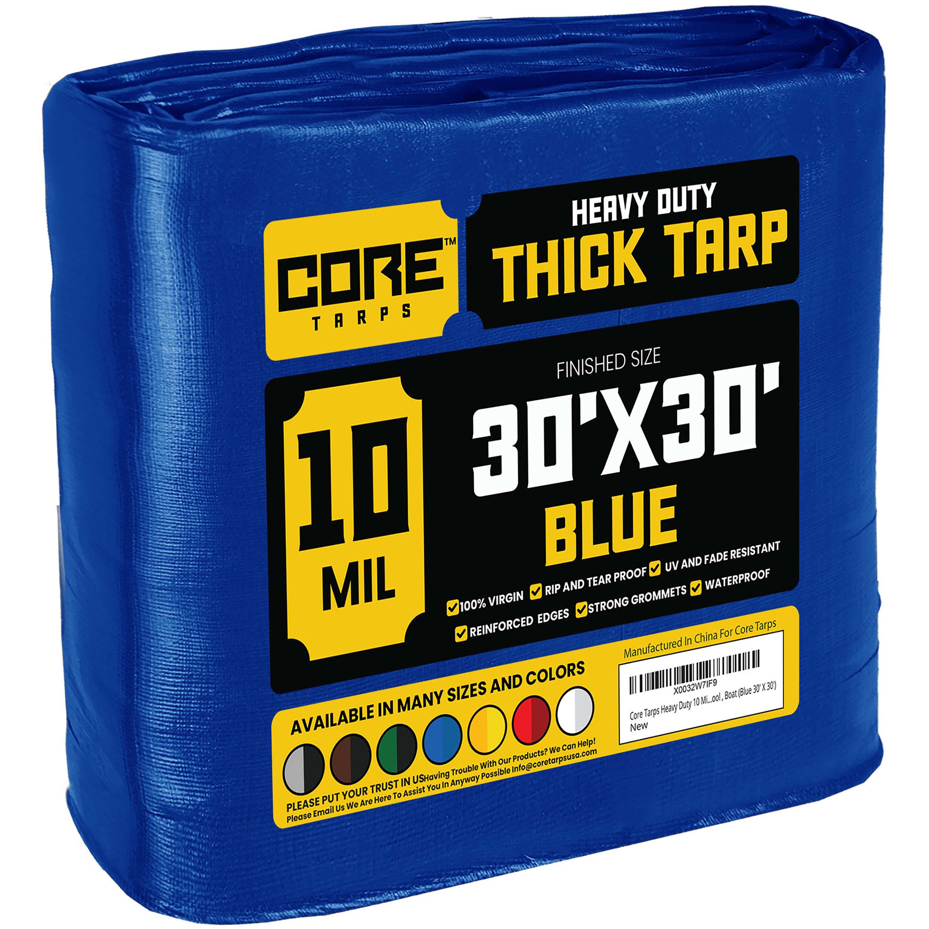 Core Tarps CT-605-30X30 30-ft x 30-ft Blue Waterproof Commercial Polyethylene 10-Mils Tarp