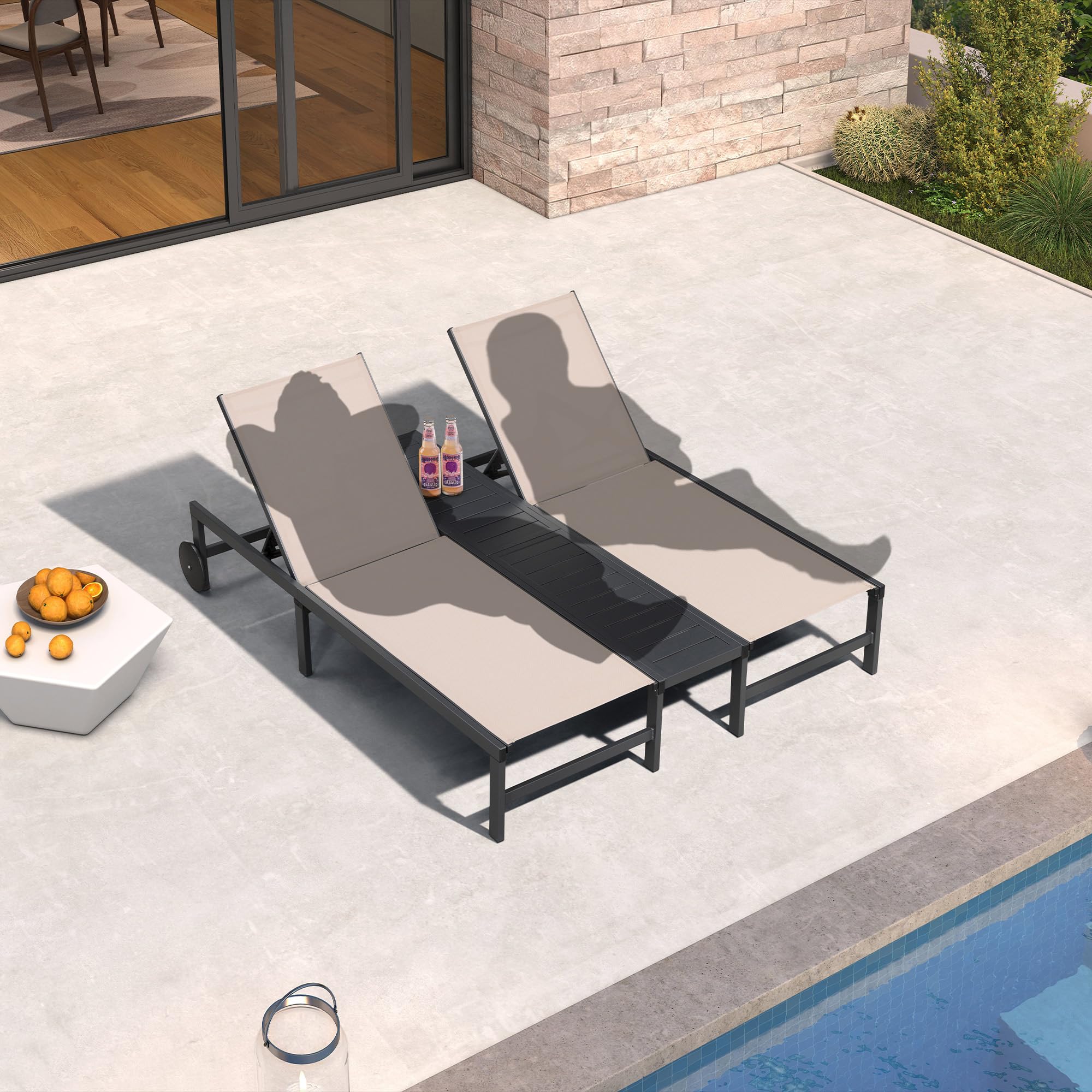 PURPLE LEAF LS06CLSSJ-SR-KK Chaise lounge Set of 2 Woven 2 chairs+center table Aluminum Frame Stationary Chaise Lounge Chair with Brown Woven Seat