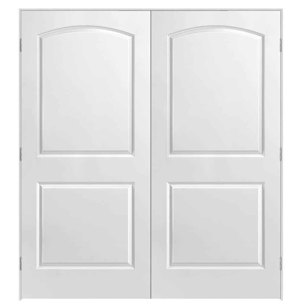 Masonite 641015 72-in x 80-in Primed Hollow core 2-panel round top plank Bi-parting Smooth Primed Molded composite Flat Jamb Double Prehung Interior Door