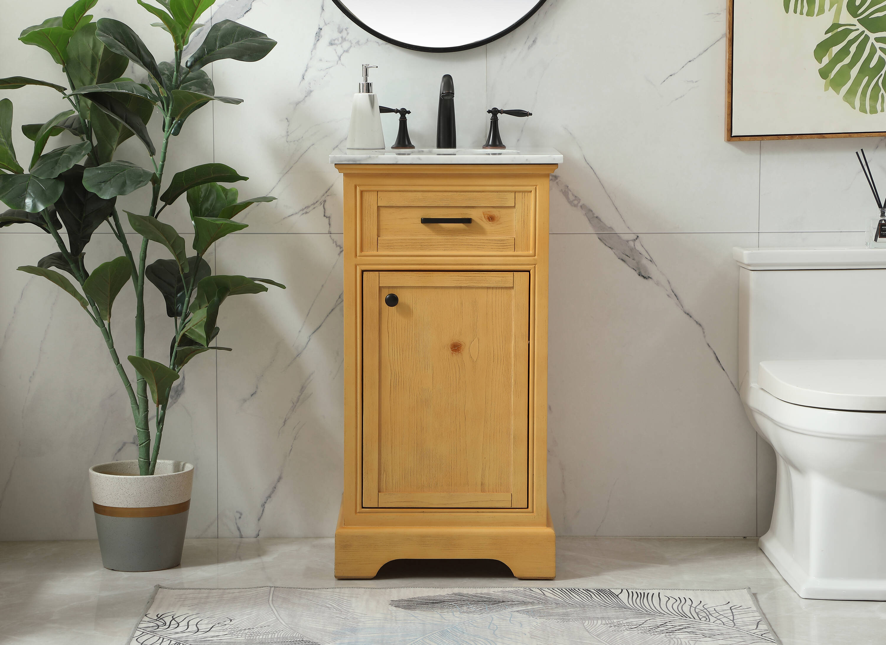 Natural Wood Single Bathroom Vanity with Marble Top